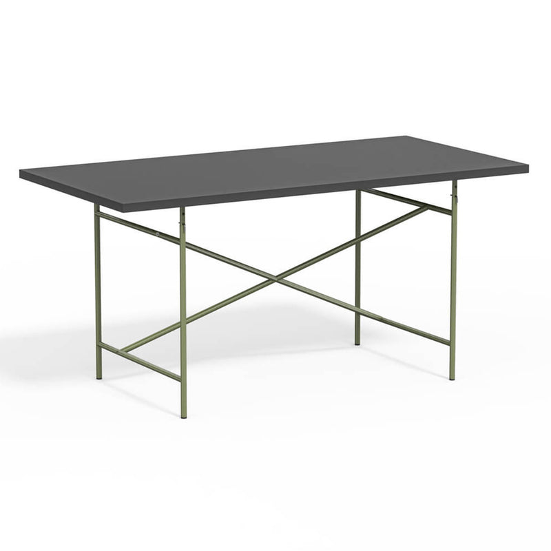 Inspired by Richard Lampert, the Eiermann 1 Table boasts a modern rectangular design with a dark tabletop and green metal cross-bracing legs, reflecting minimalist contemporary style ideal for dining or work.
