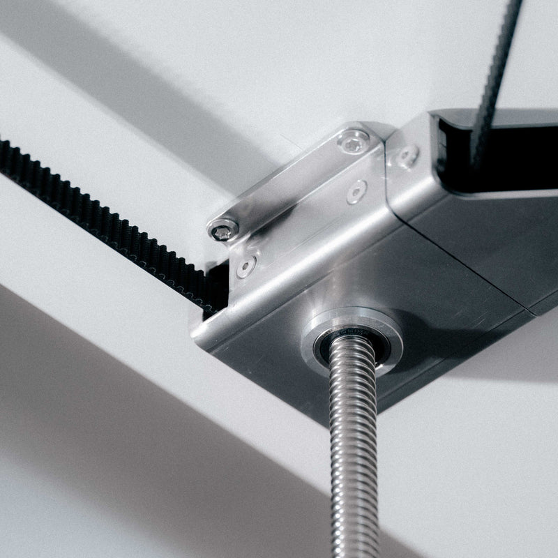 Close-up of mechanical spindle drive of the height-adjustable Eiermann M Table frame by Richard Lampert.
