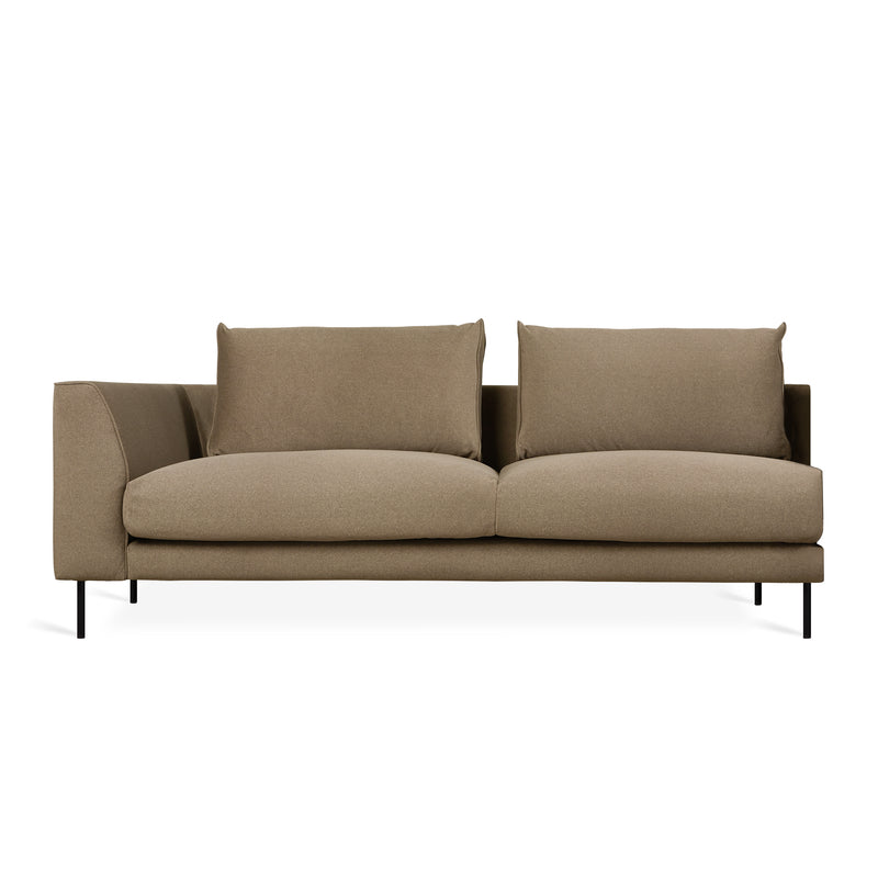 Contemporary three-seat sofa with taupe fabric upholstery, left armrest, thick seat cushions, and slender black metal legs