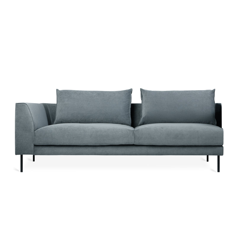 Modern minimalist two-seater sofa with muted gray upholstery, slim black metal legs, and two large back cushions