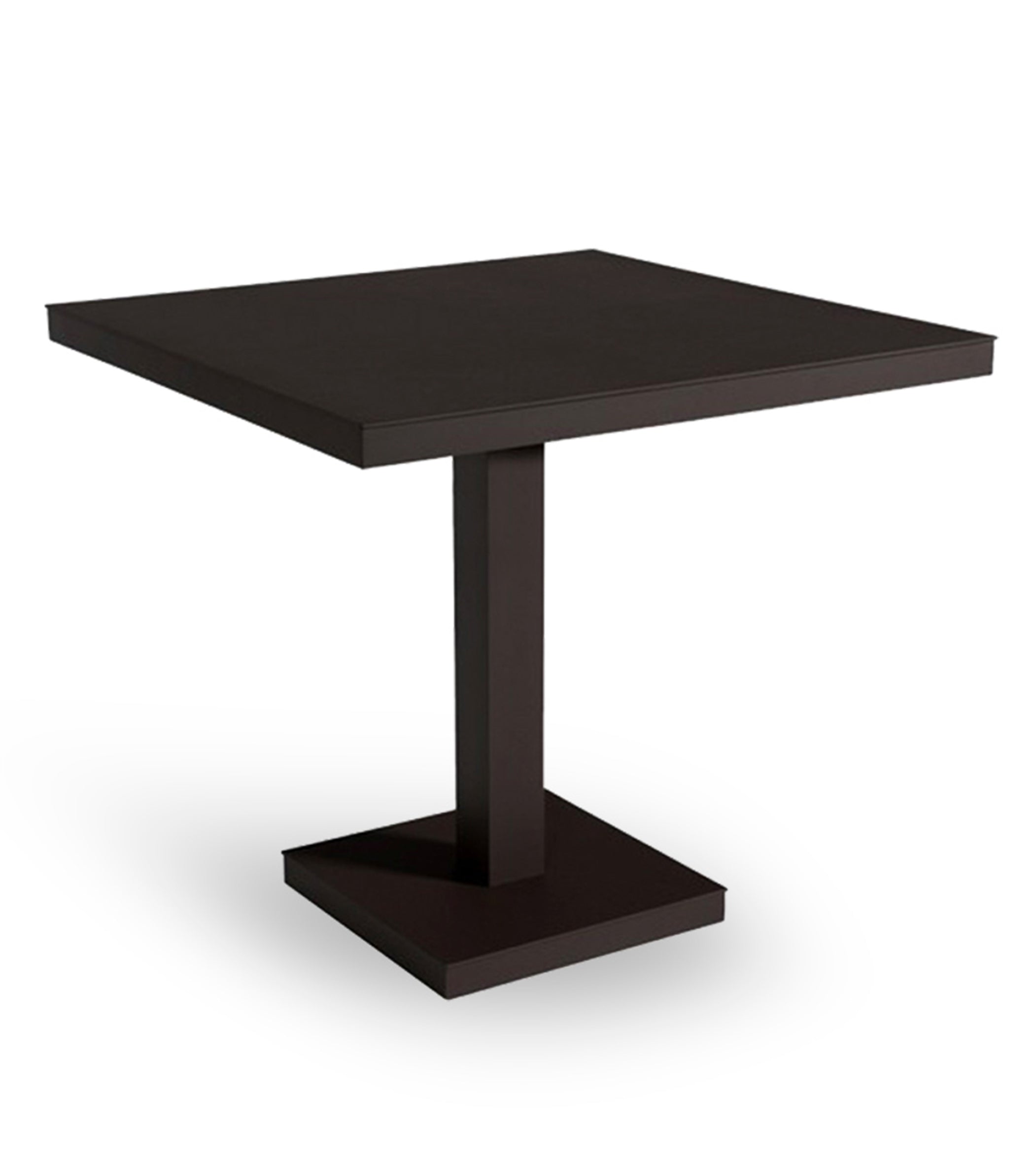The Barcino Pie Central Square Table by Resol is a sleek, modern piece in dark brown with a flat top and central pedestal base, embodying innovative solutions and sustainable production, perfect for contemporary settings.
