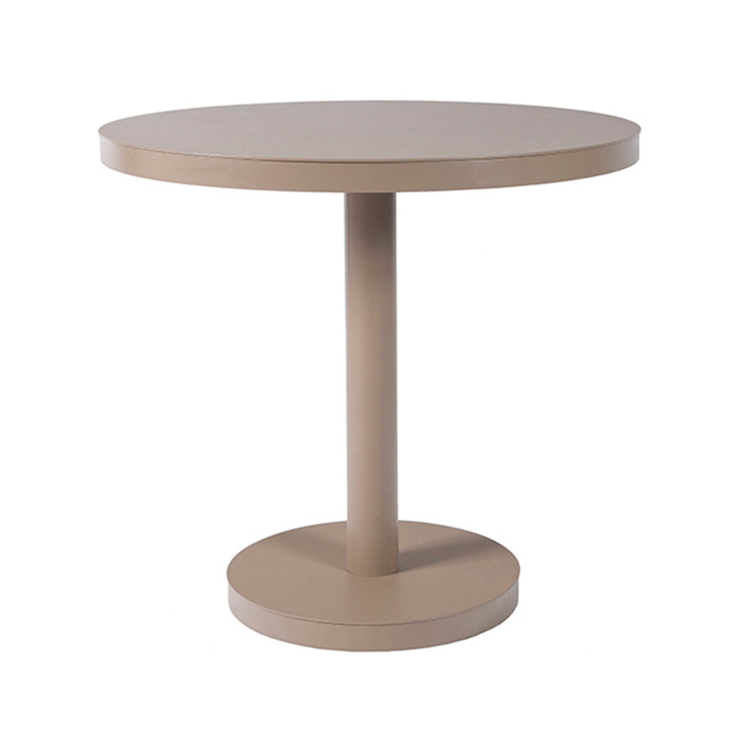 The Barcino Pie Central Round Table by Resol showcases a minimalist design with a smooth beige surface, single central support made of powder-coated aluminum, and a circular base, all against a plain white background.