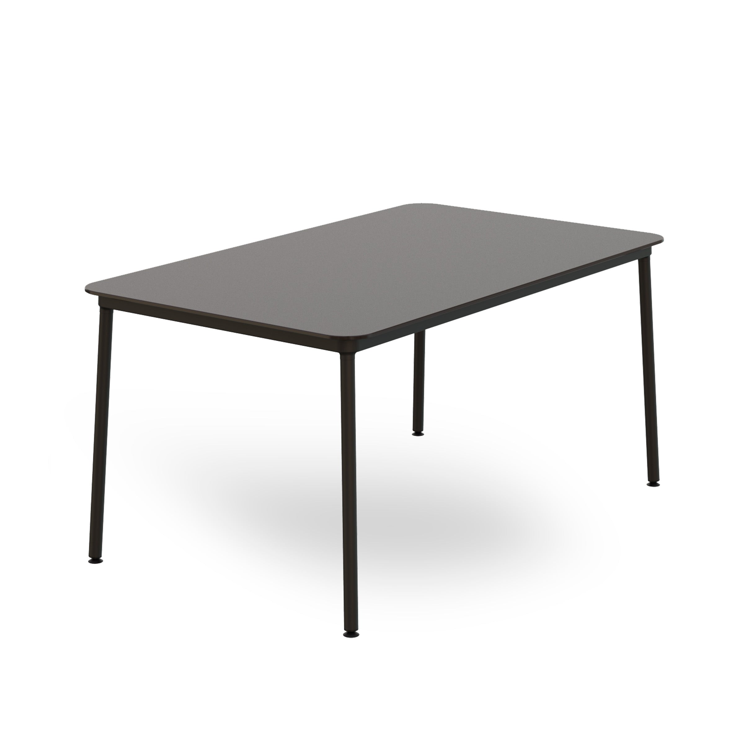 The Hub Table by Resol features a rectangular dark gray metal design with sleek, straight legs on a white background, highlighting its innovative style.