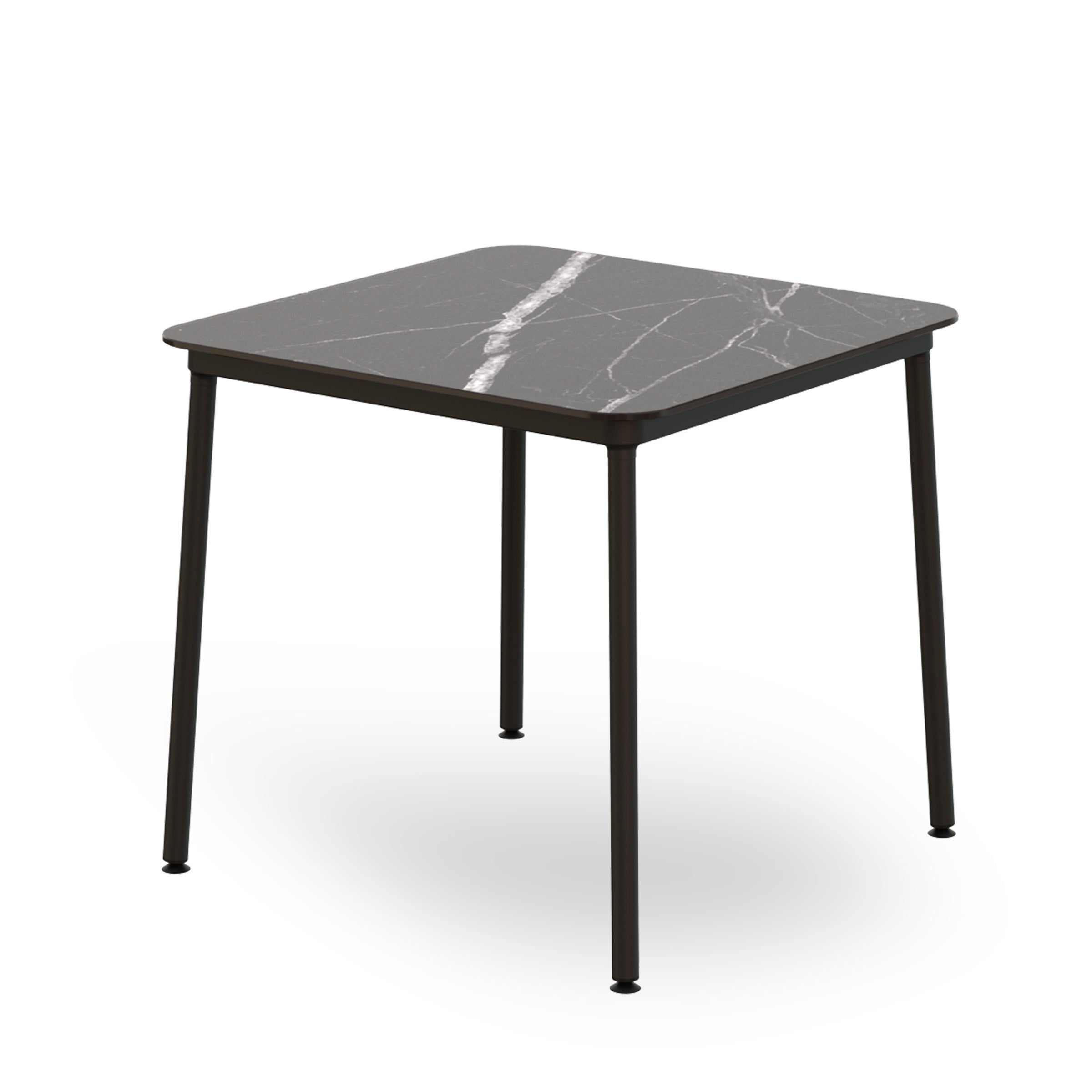 The Resol Hub Table boasts an innovative design with a square dark marble top and sleek black legs.