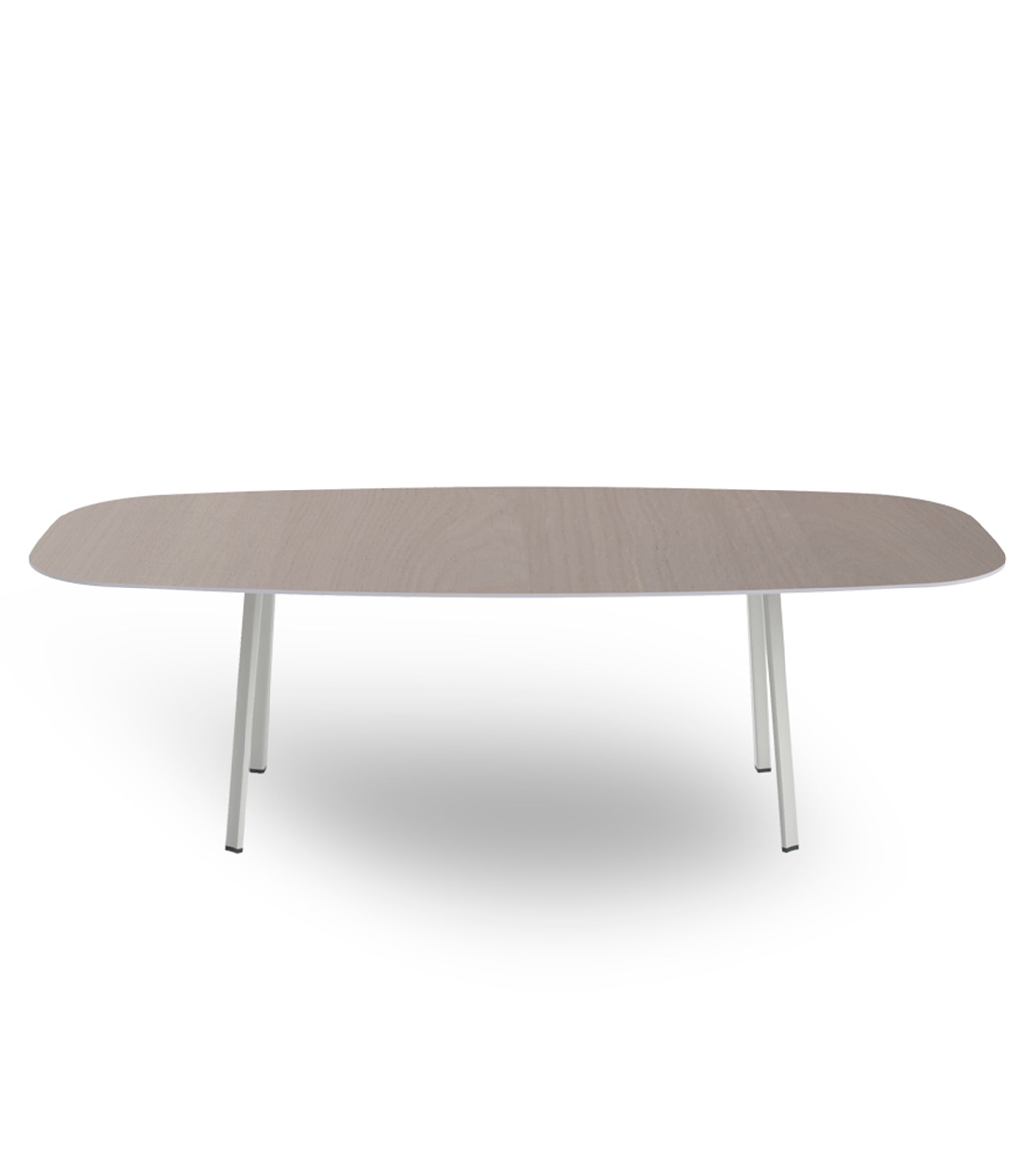 The Noren table by Resol is a modern oval-shaped wooden piece, featuring four sleek, angled lacquered aluminum legs and designed to embody innovative furniture solutions.