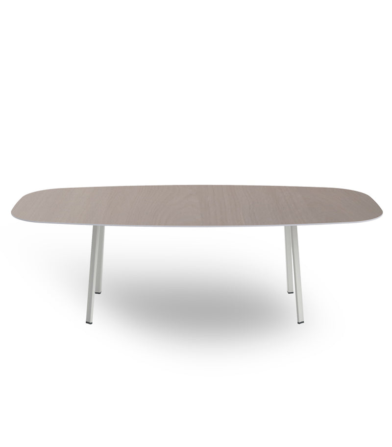 The Noren table by Resol is a modern oval-shaped wooden piece, featuring four sleek, angled lacquered aluminum legs and designed to embody innovative furniture solutions.