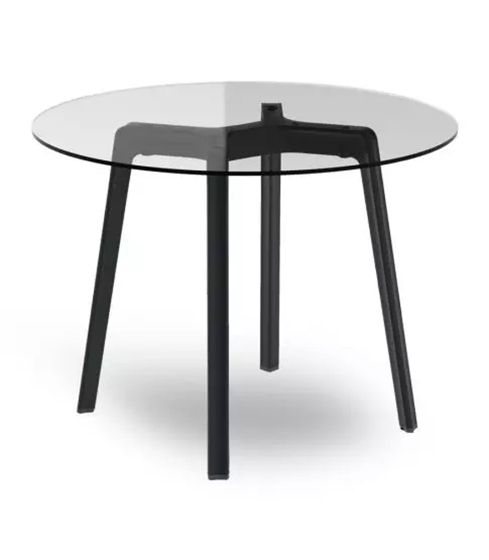 The Noren table by Resol is a modern, round glass table featuring a clear top and four black angled legs. Crafted sustainably, its minimalist design offers a sleek, stylish look perfect for contemporary interiors.