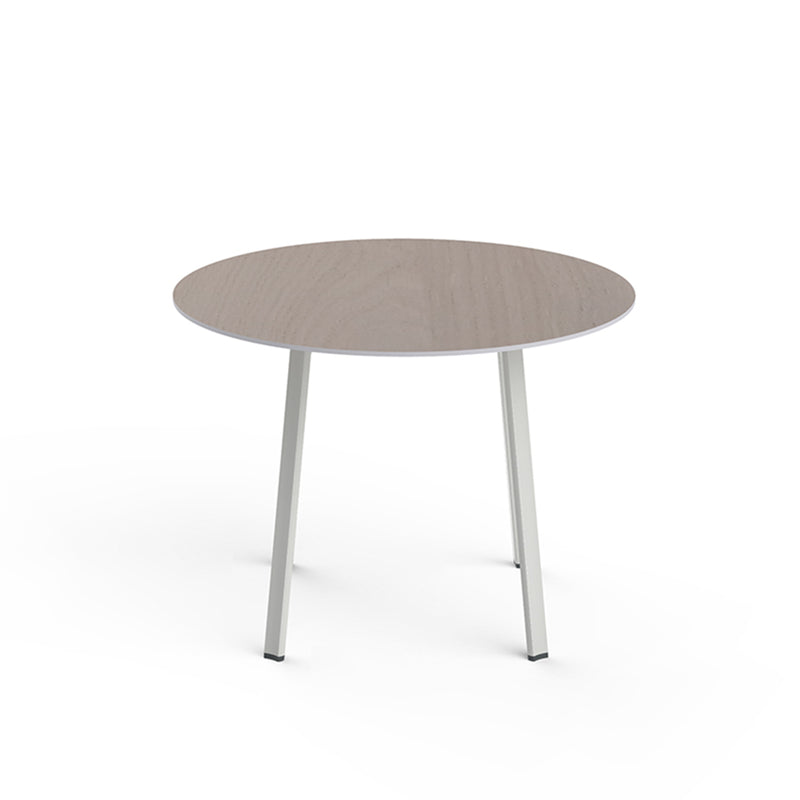 The Noren table by Resol is an innovative furniture solution featuring a minimalistic design with a light wood top and three slender lacquered aluminum legs, all set against a plain white background.