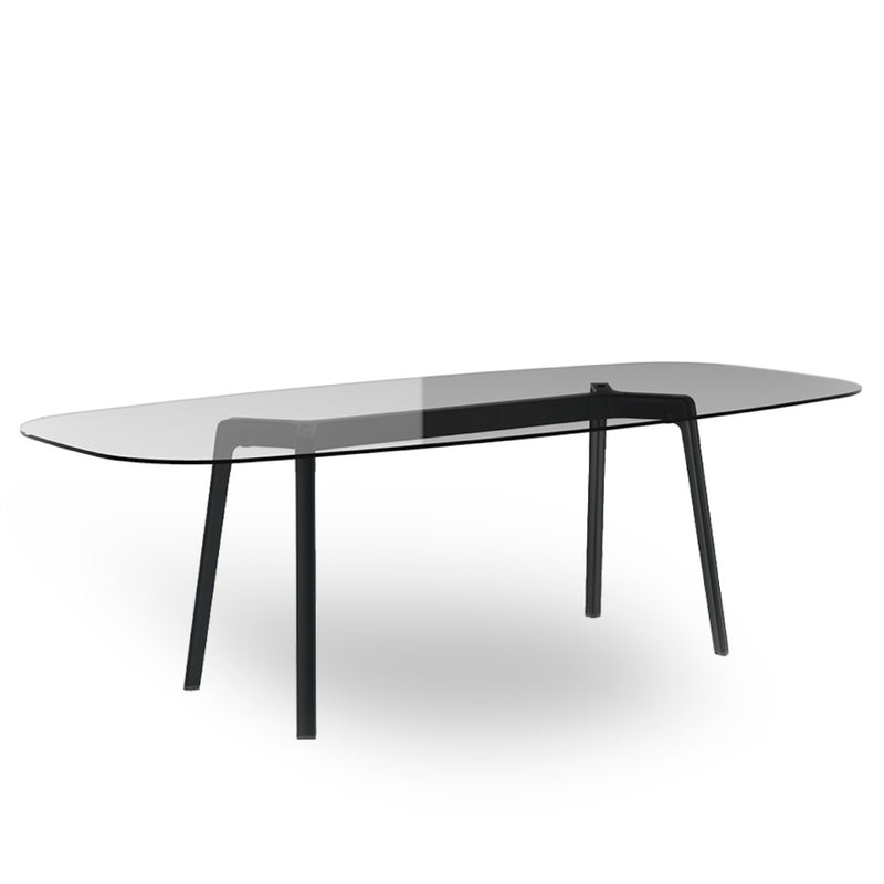 The Noren table by Resol is a modern, rectangular piece with a clear glass top and sleek black metal legs set at an angle. Crafted sustainably, its minimalist and stylish design makes it perfect for contemporary interiors.