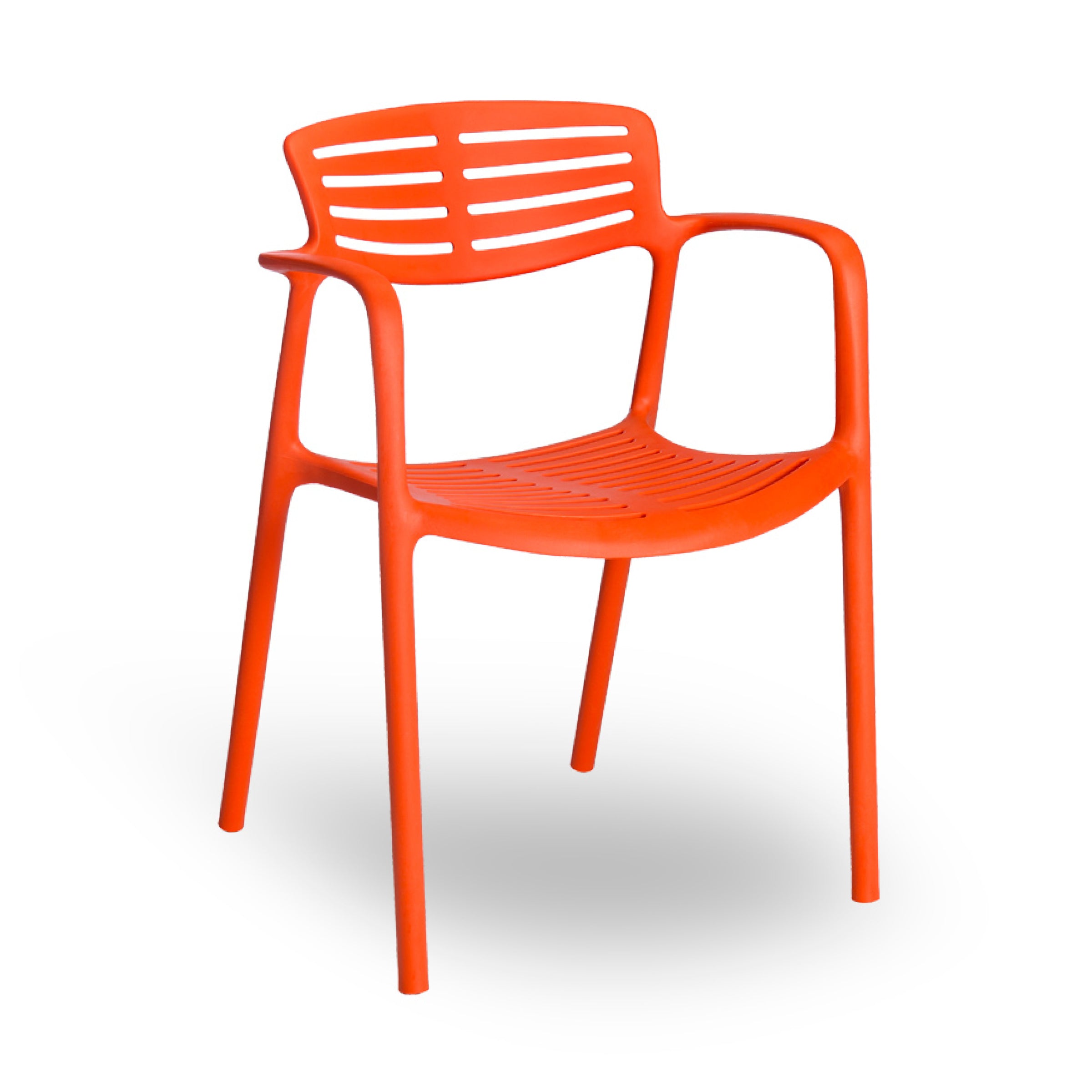 The Resol Toledo Aire Armchair, in a modern orange design with a slatted backrest and seat, includes armrests. It showcases sleek furniture innovation with four straight legs and UV protection for longevity, sitting stylishly against a white background.