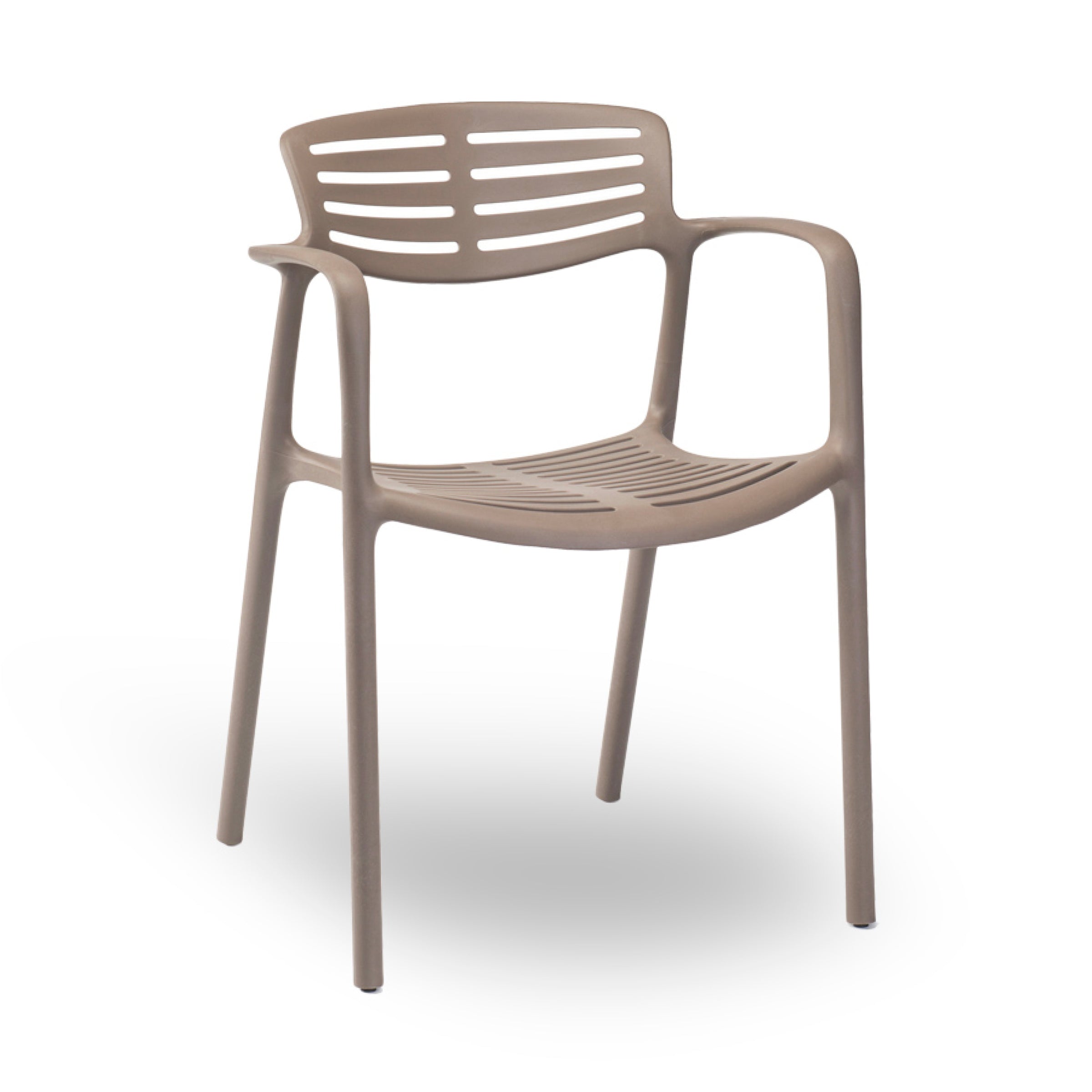 The Toledo Aire Armchair by Resol is a modern brown plastic chair with armrests, a slatted back and seat design, and four sturdy legs. Its crafted for comfort and style through sustainable production.