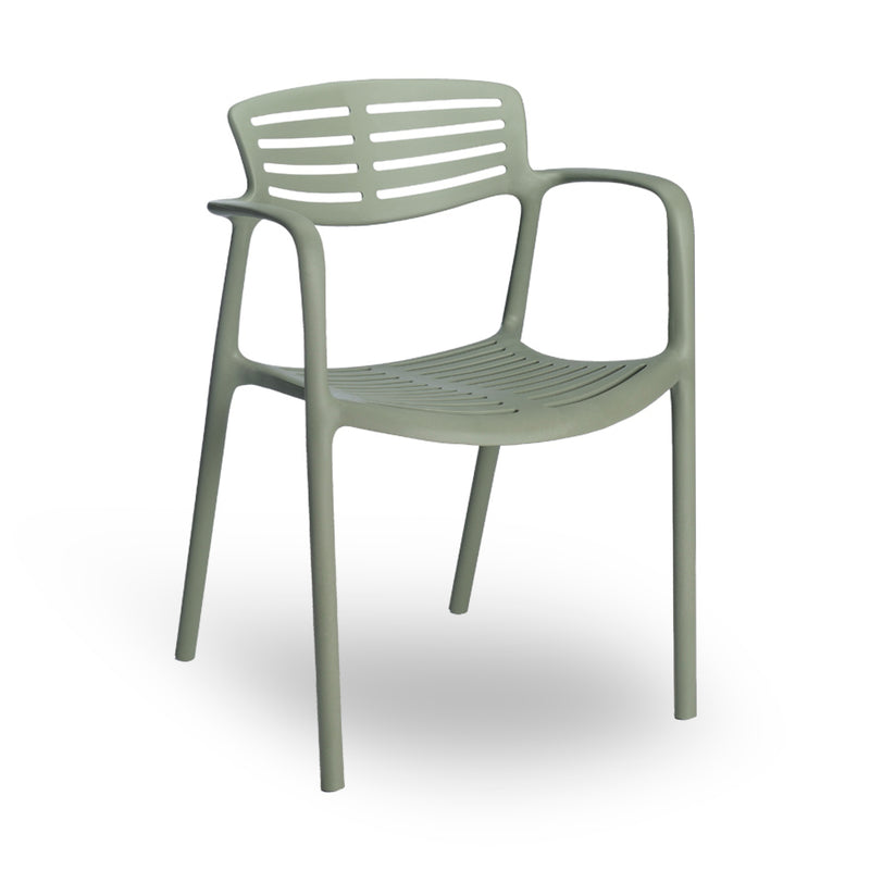 The Toledo Aire Armchair by Resol is a modern, light green plastic chair featuring armrests, a slatted backrest and seat, four slim legs, contemporary design, and UV protection.