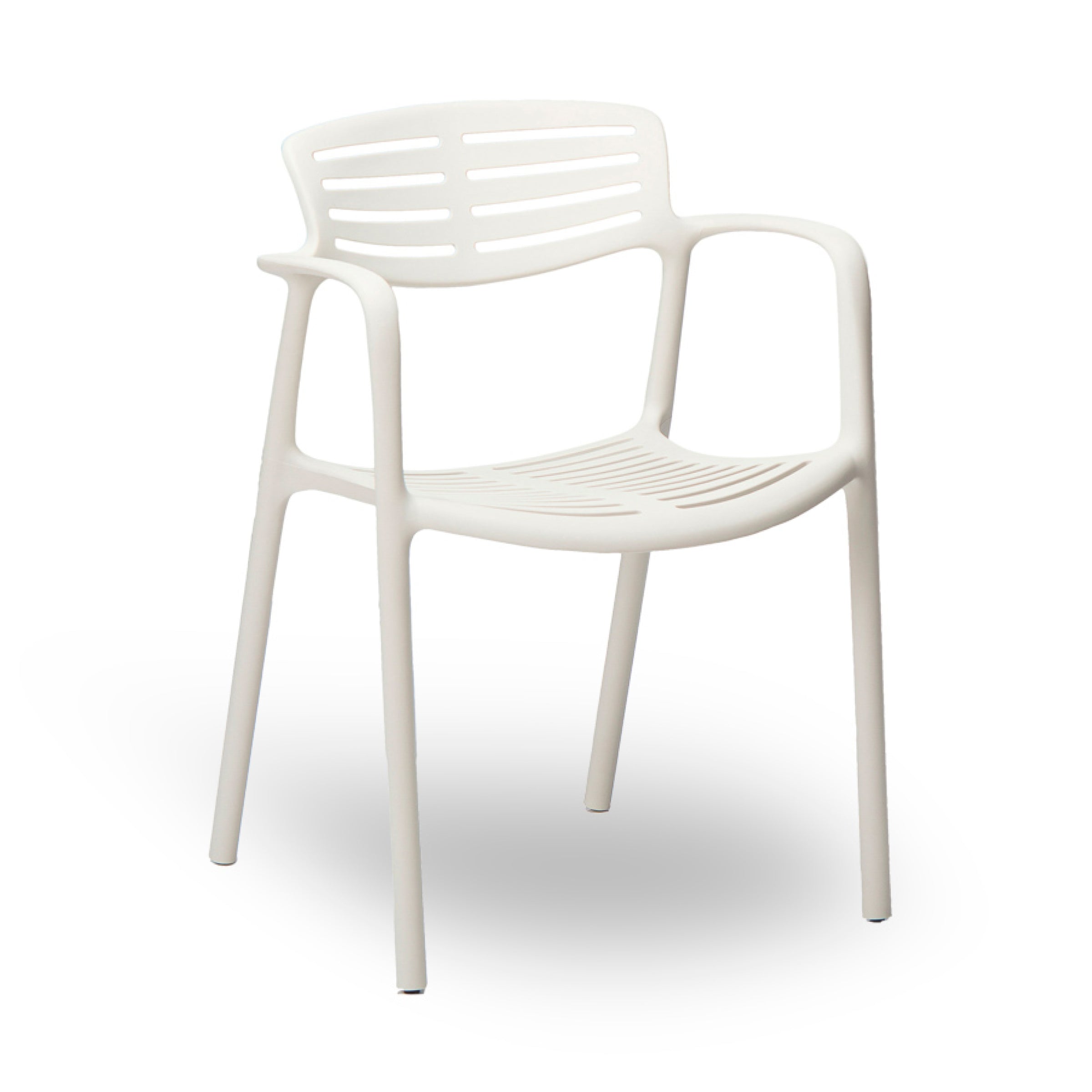 The Toledo Aire Armchair by Resol is a modern white plastic chair with armrests, featuring a perforated backrest and seat with horizontal slits for style and ventilation. Its slim legs and minimalist design are crafted through sustainable production for eco-friendly elegance.