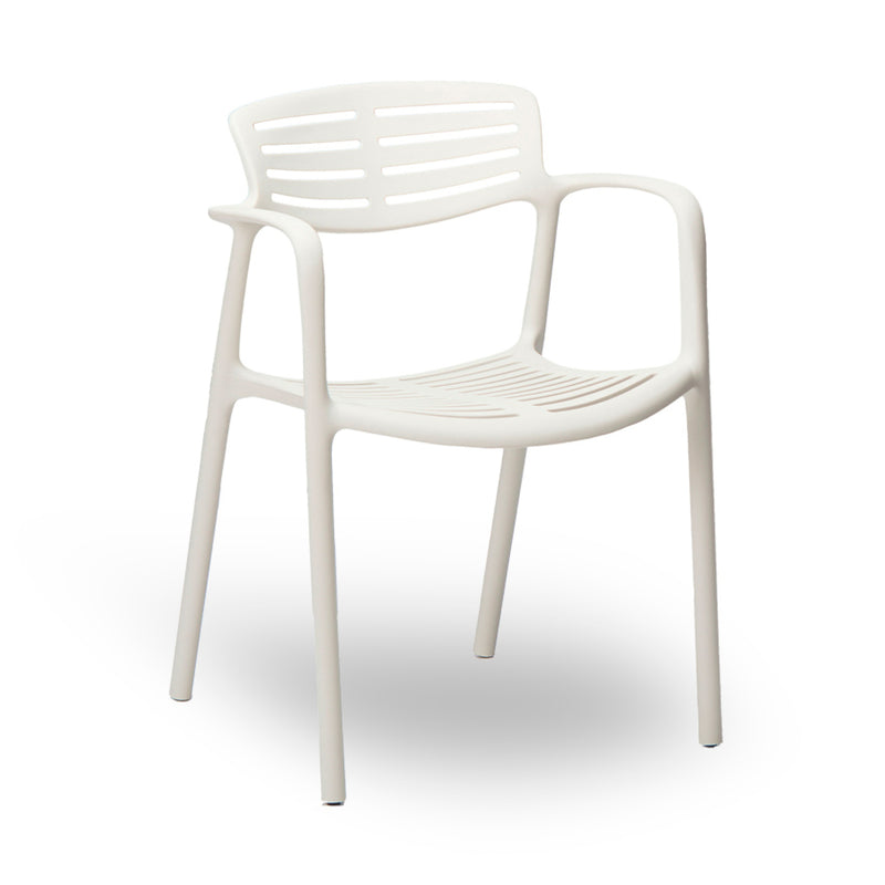 The Toledo Aire Armchair by Resol is a modern white plastic chair with armrests, featuring a perforated backrest and seat with horizontal slits for style and ventilation. Its slim legs and minimalist design are crafted through sustainable production for eco-friendly elegance.