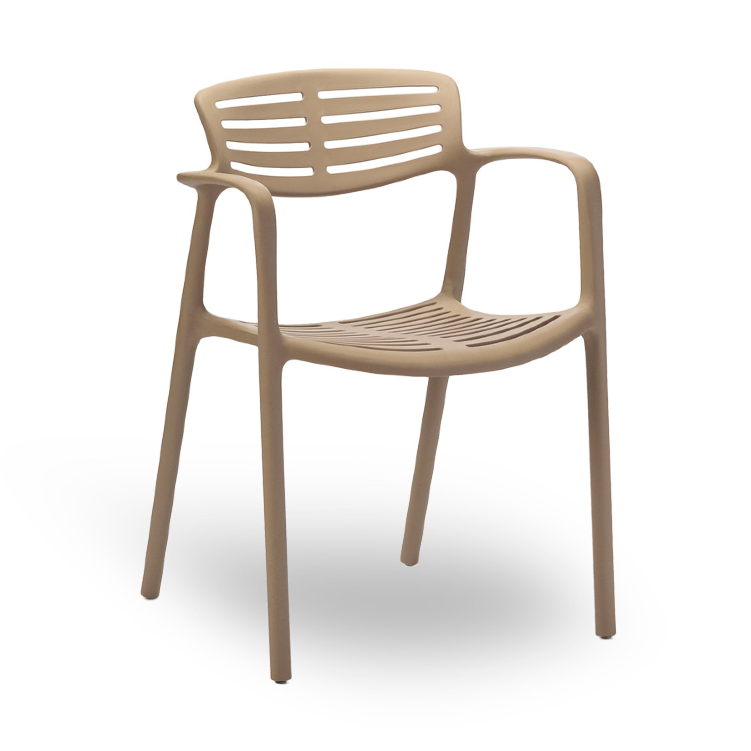 The Resol Toledo Aire Armchair is a beige plastic chair with modern design, featuring horizontal slats on the backrest and seat, armrests, and crafted sustainably. This stylish furniture piece stands on four legs against a white background, combining eco-consciousness with innovation.