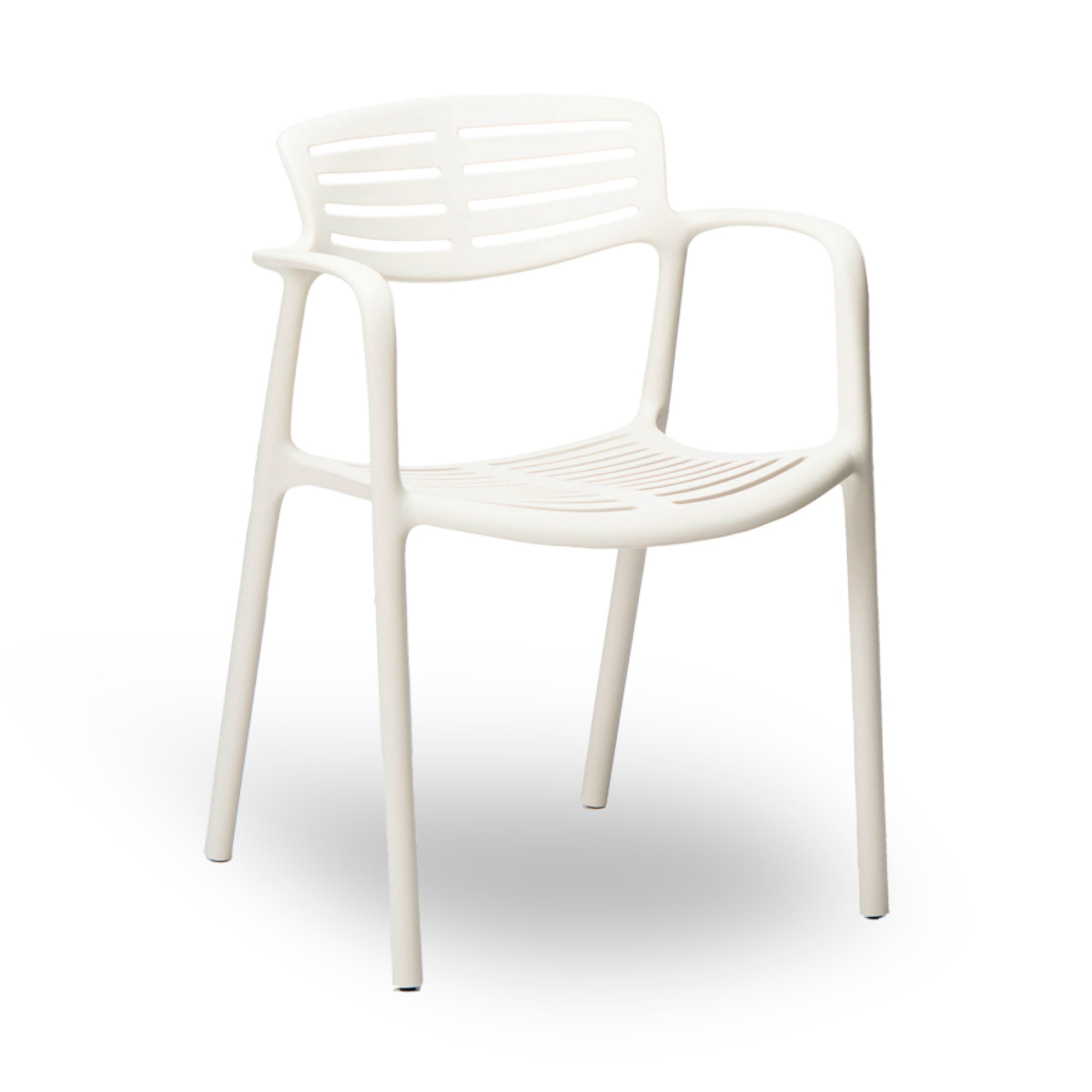 The Toledo Aire Armchair by Resol is a white plastic chair with a slatted backrest and curved armrests. It features a minimalist design, crafted sustainably with UV protection for indoor and outdoor use, set against a plain white background.