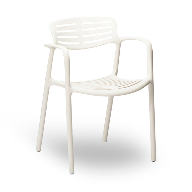 The Toledo Aire Armchair by Resol is a white plastic chair with a slatted backrest and curved armrests. It features a minimalist design, crafted sustainably with UV protection for indoor and outdoor use, set against a plain white background.