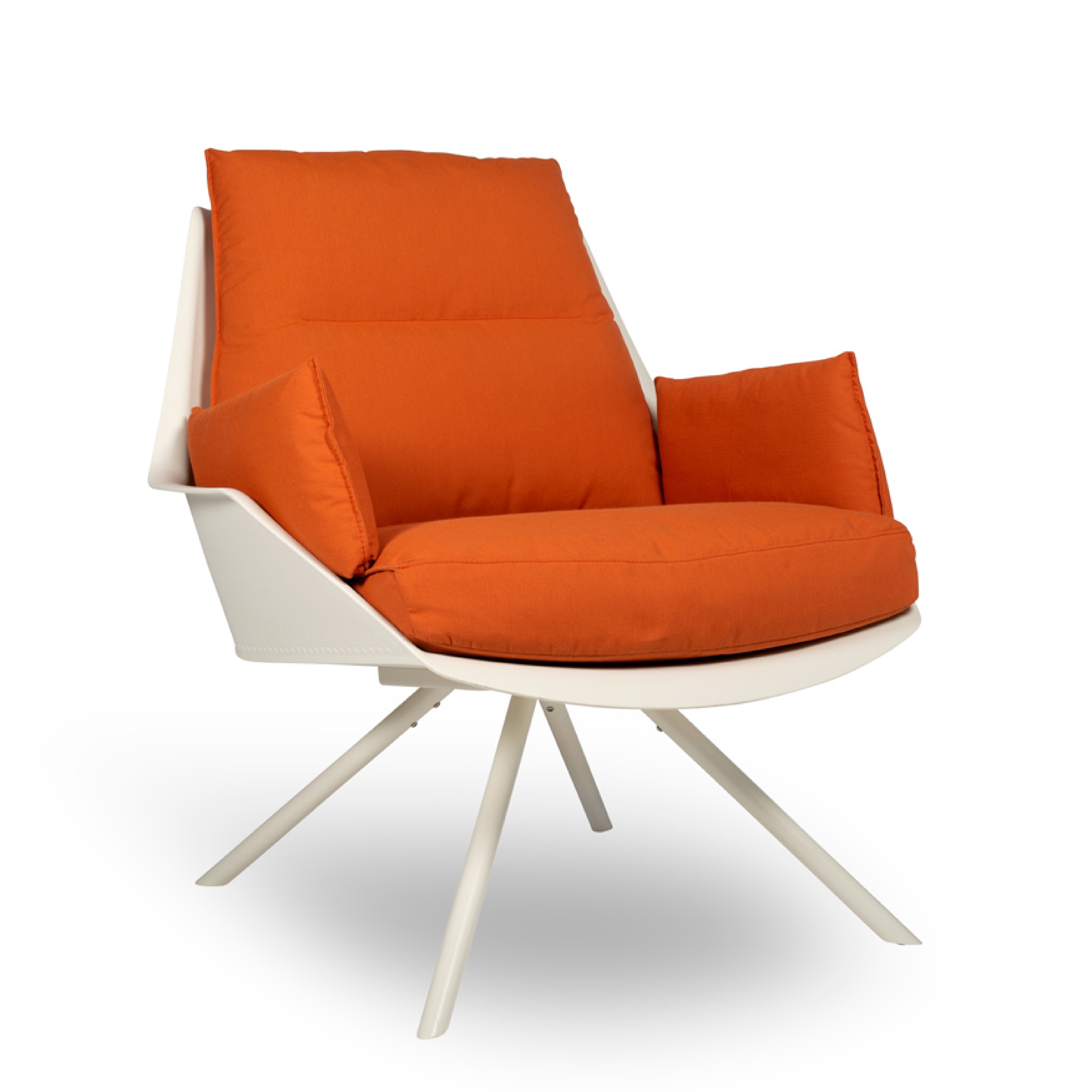 Introducing the Resol Anou Metal Legs Armchair: a modern accent chair featuring bright orange removable cushions and a sleek polypropylene frame. It boasts angular armrests and a four-legged base, offering a contemporary look for any stylish space.