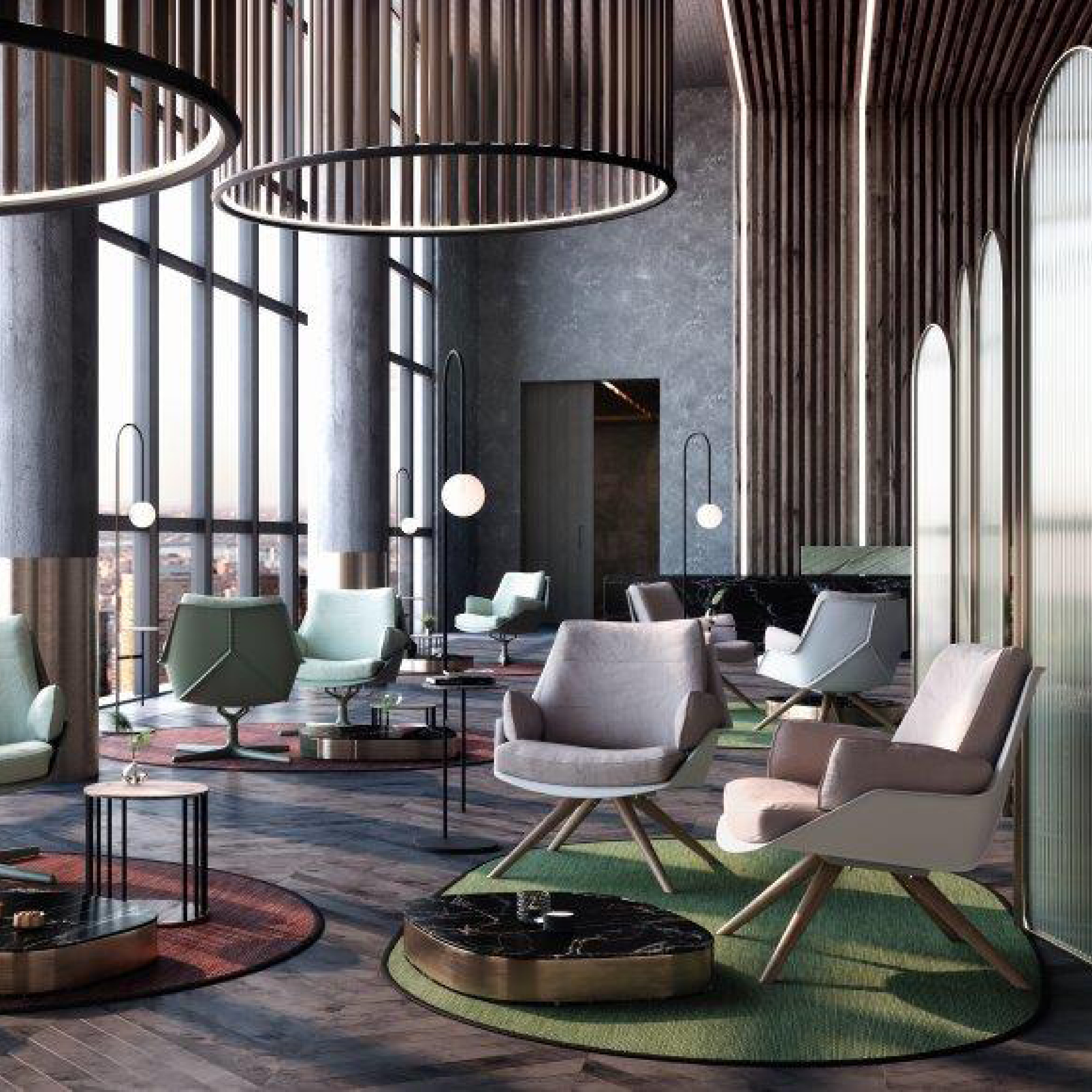 Modern lounge area with large windows, circular hanging lights, and contemporary furniture in muted tones. Featuring Resols versatile Anou Wooden Legs Armchair for indoor/outdoor use. Wooden flooring and decorative vertical panels add texture, while small round tables are scattered throughout the space.