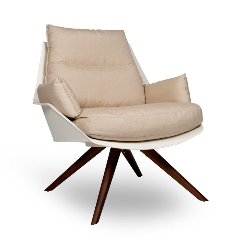 Introducing the Anou Wooden Legs by Resol: a modern design armchair featuring a beige cushion and backrest. Its sleek polypropylene frame rests on four angled wooden legs, perfect for stylish indoor and outdoor use.