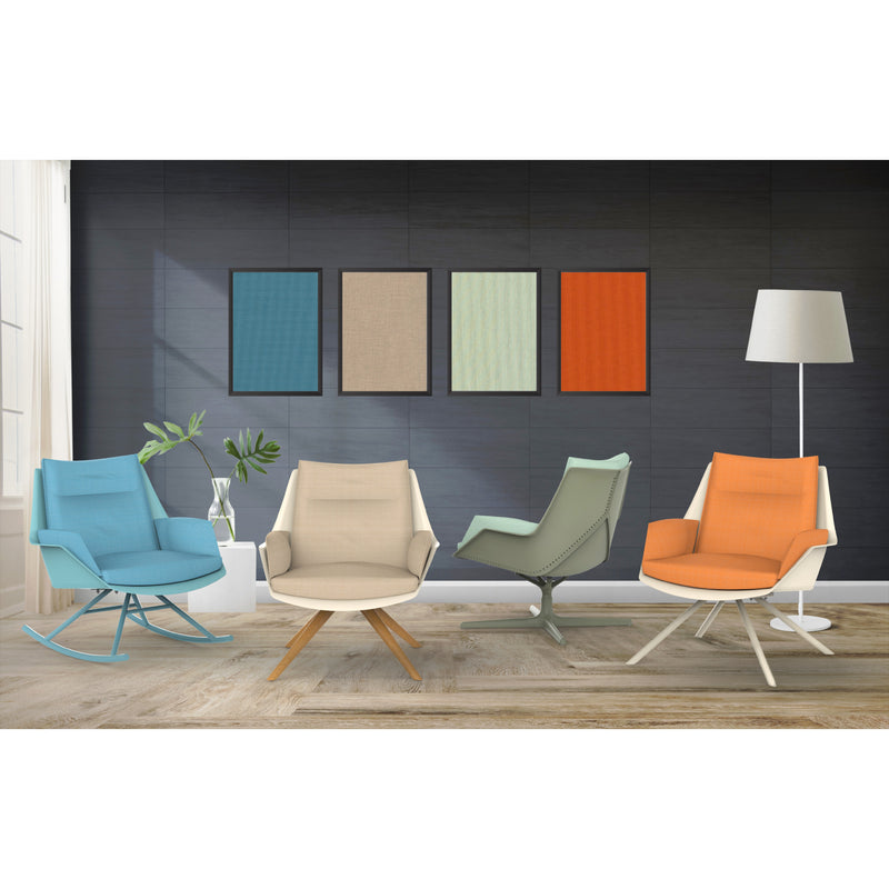 A modern living room showcases four vibrant Resol Anou Rocking Chairs in blue, beige, mint green, and orange with durable polypropylene frames. Theyre placed on a wooden floor beside a tall white lamp. Five multicolored textured panels are displayed on a dark accent wall.
