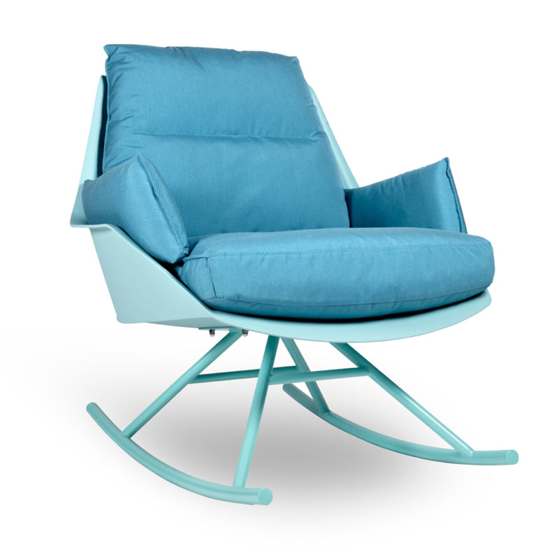The Anou Rocking Chair Legs by Resol features a sleek polypropylene frame with a blue cushioned seat and backrest. Its light blue finish complements the metal rockers, making it an ideal indoor and outdoor armchair that combines comfort with minimalist aesthetics.