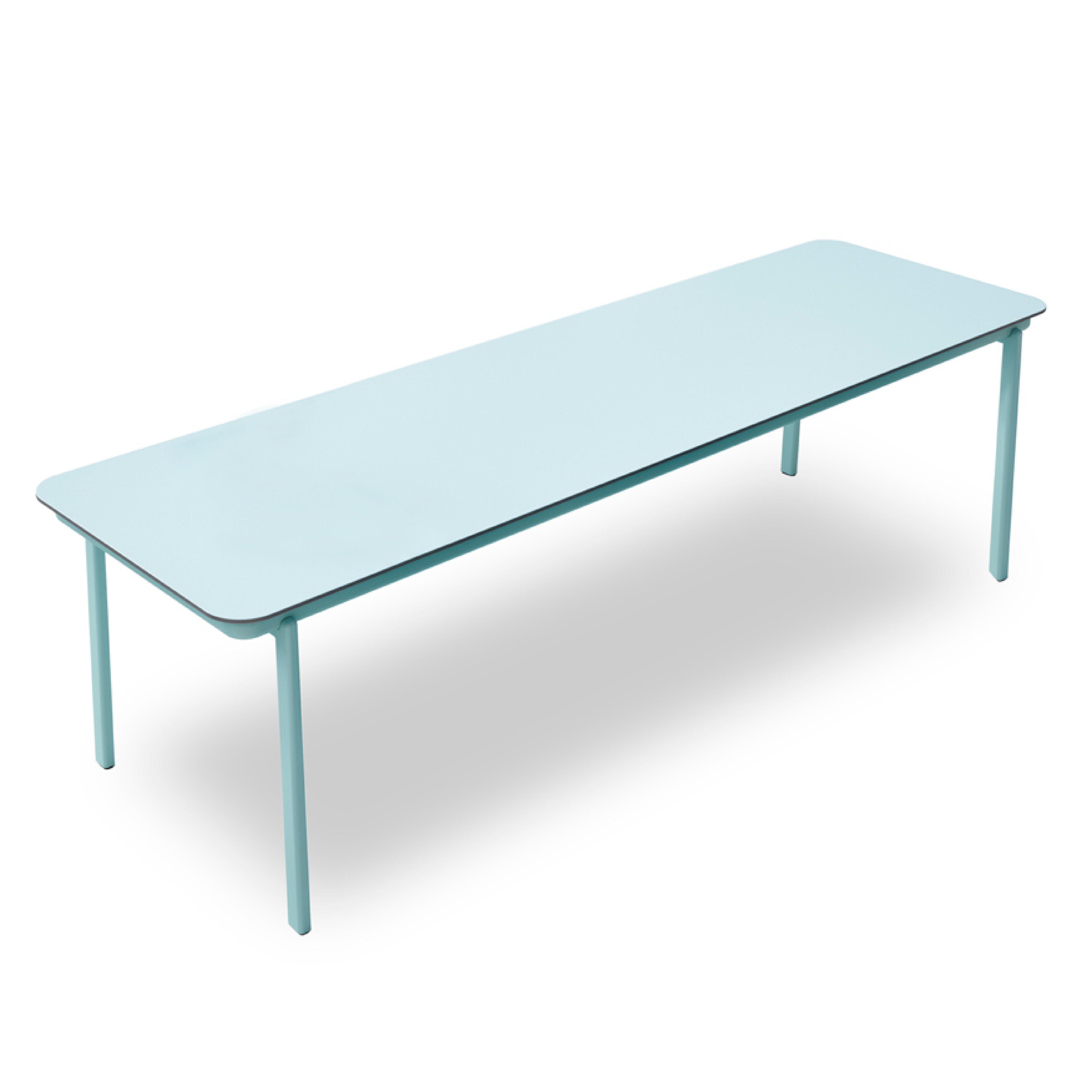 The Anthea Dining Table by Resol is a long, rectangular, light blue aluminum table with four slender legs. It features a smooth, simple design on a white background, ideal for outdoor furniture enthusiasts who value sustainable production.