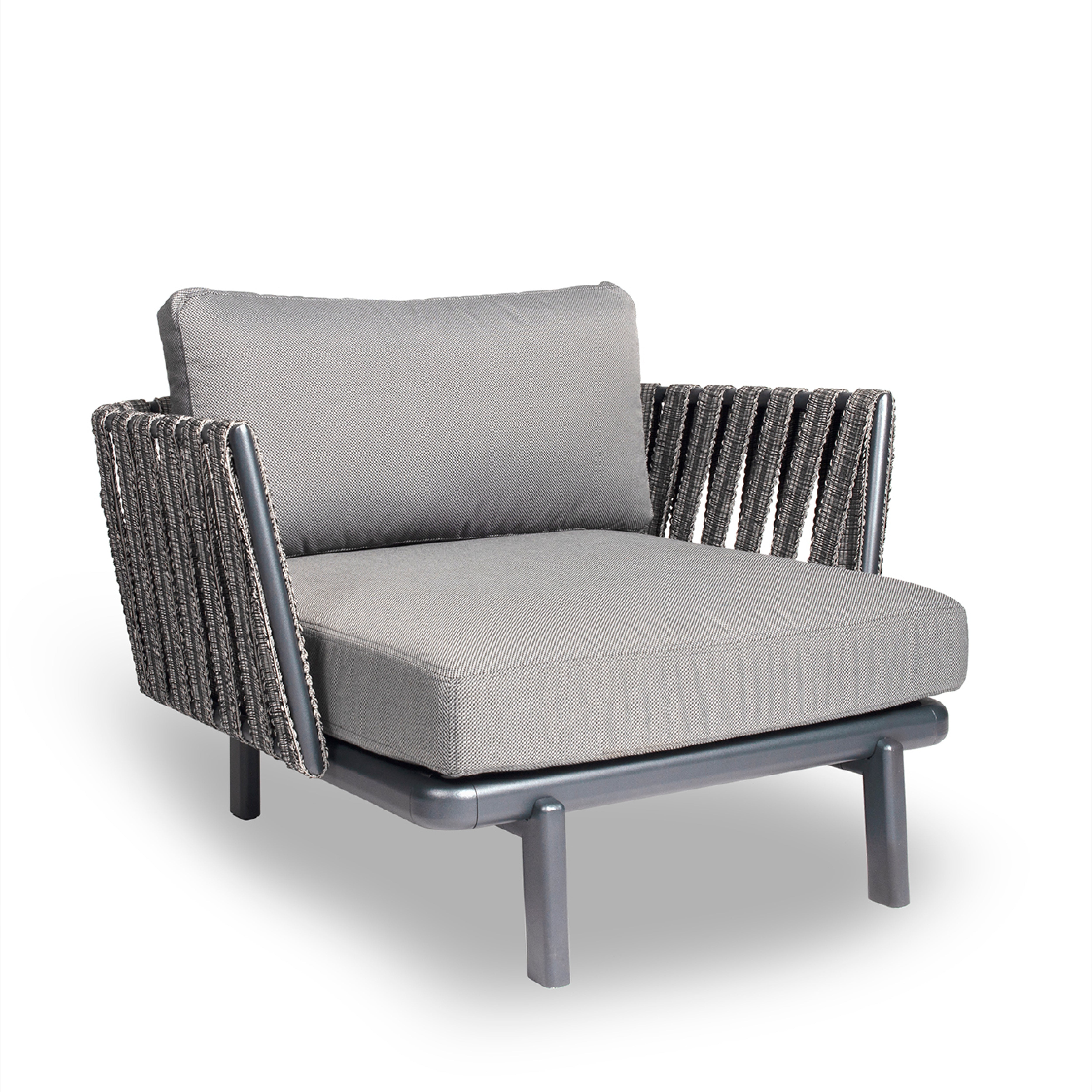 Modern gray Anthea Easy Chair by Resol, featuring a cushioned seat and backrest. The armrests and sides are textured braided material. Ideal for outdoor seating, it stands on a sturdy, angular aluminum frame.
