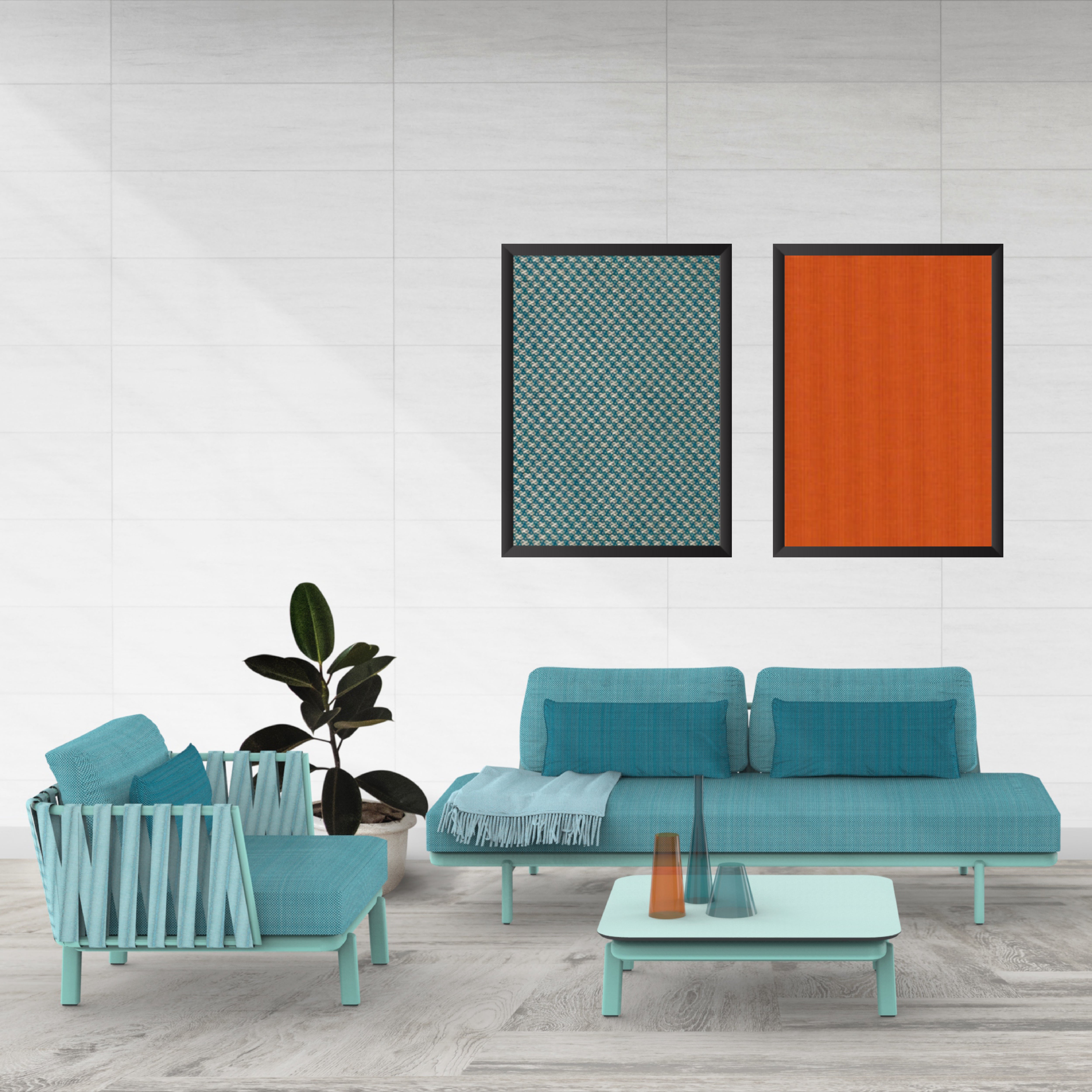 The modern living room showcases turquoise furniture with customizable cushions, including a Resol Anthea Easy Chair and a sofa, against light wood flooring. Two geometric wall hangings, in blue and orange, decorate the light wood paneled wall. A small table displays vibrant orange vases.
