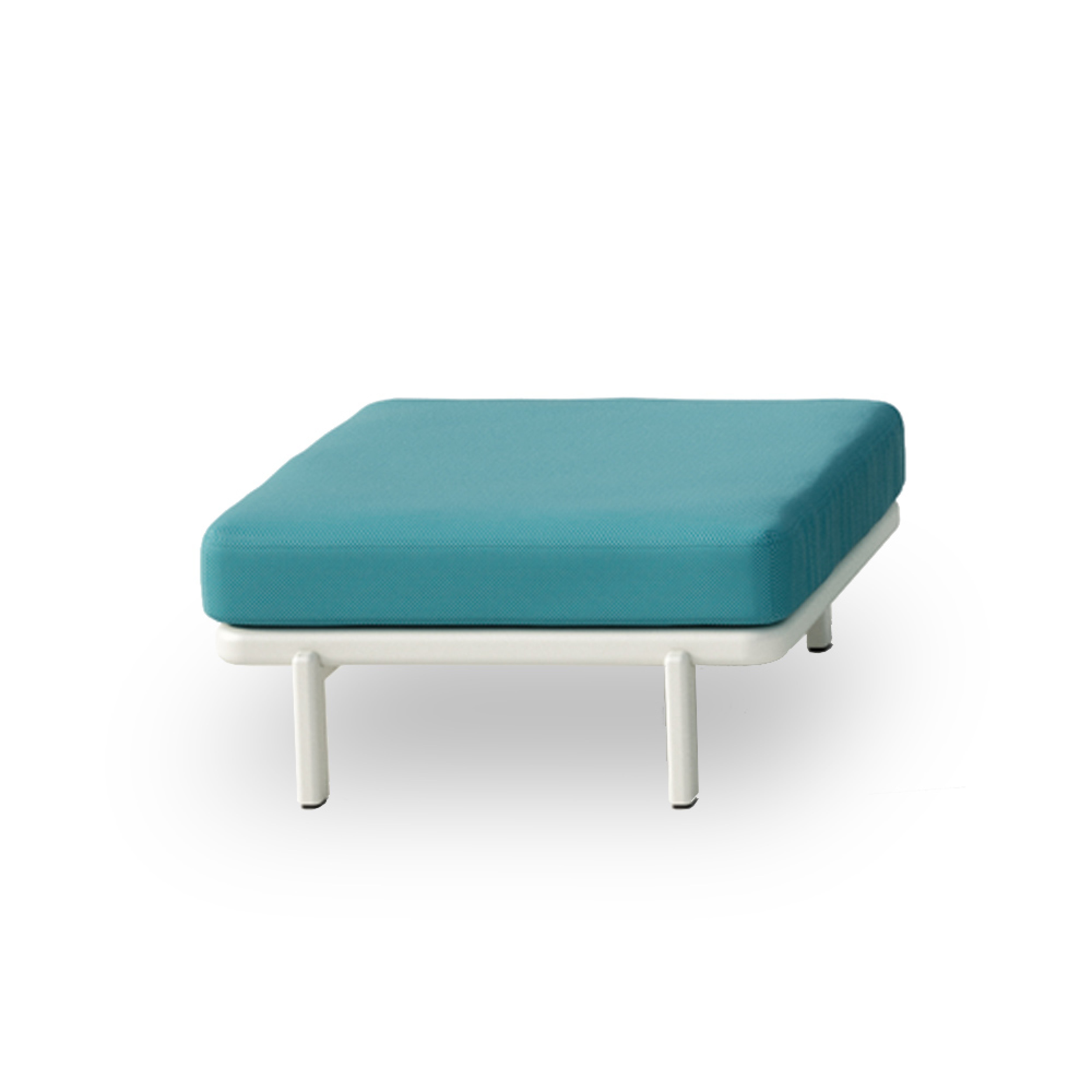 The Anthea Ottoman by Resol is a minimalist piece with a teal cushion, white aluminum frame, and four sturdy legs, ideal for outdoor use.