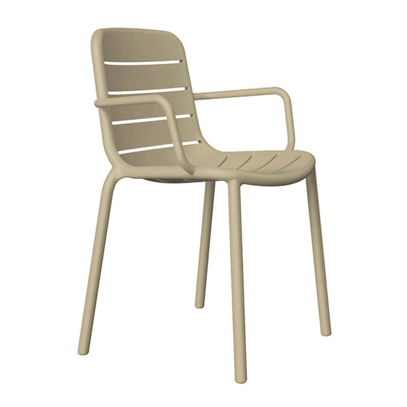 The Gina Armchair by Resol features a sleek, minimalist design in beige with armrests and a slatted backrest. Crafted sustainably, its made from durable materials with UV protection and slightly angled legs for stability and style.