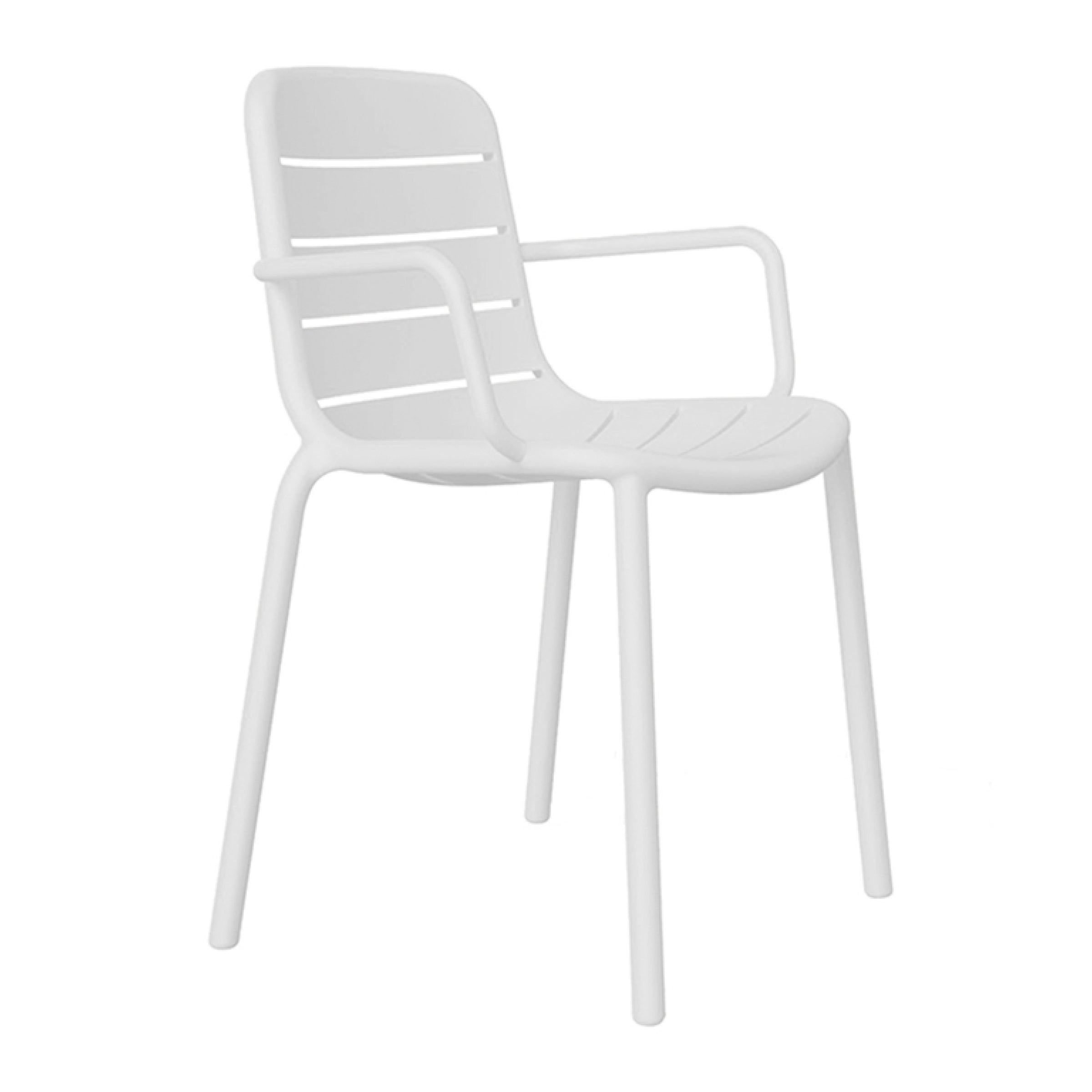 The Gina Armchair by Resol is a modern white plastic chair with armrests, a slatted backrest, four legs, and a slightly curved seat. Its minimalist design features clean lines and a smooth surface, ideal for both indoor and outdoor use.