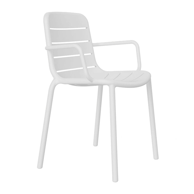 The Gina Armchair by Resol is a modern white plastic chair with armrests, a slatted backrest, four legs, and a slightly curved seat. Its minimalist design features clean lines and a smooth surface, ideal for both indoor and outdoor use.