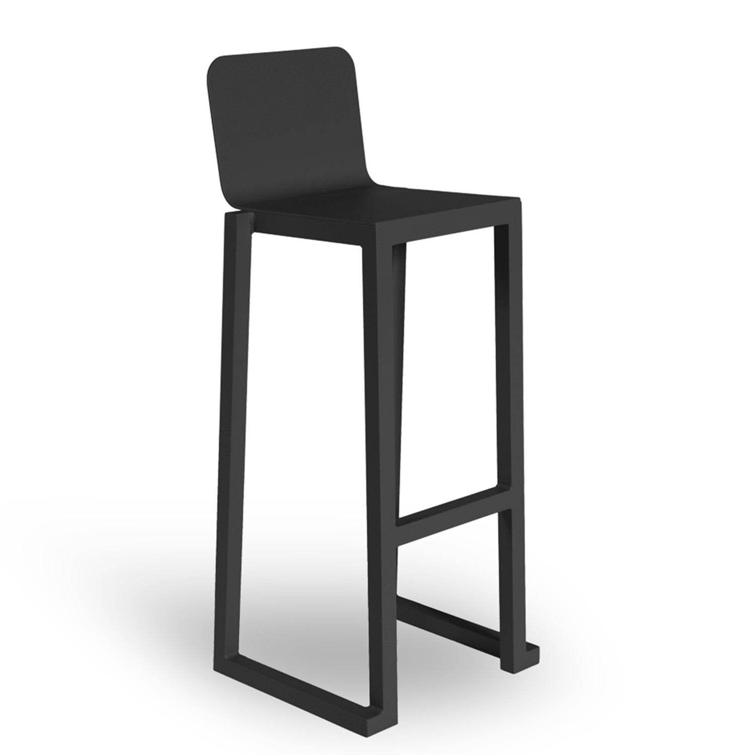 The Resol Barcino Barstool features a sleek, minimalist design with a flat backrest. Crafted from powder-coated aluminum, it has a rectangular seat and angled legs with a footrest between the front legs, casting a shadow on a plain white background.