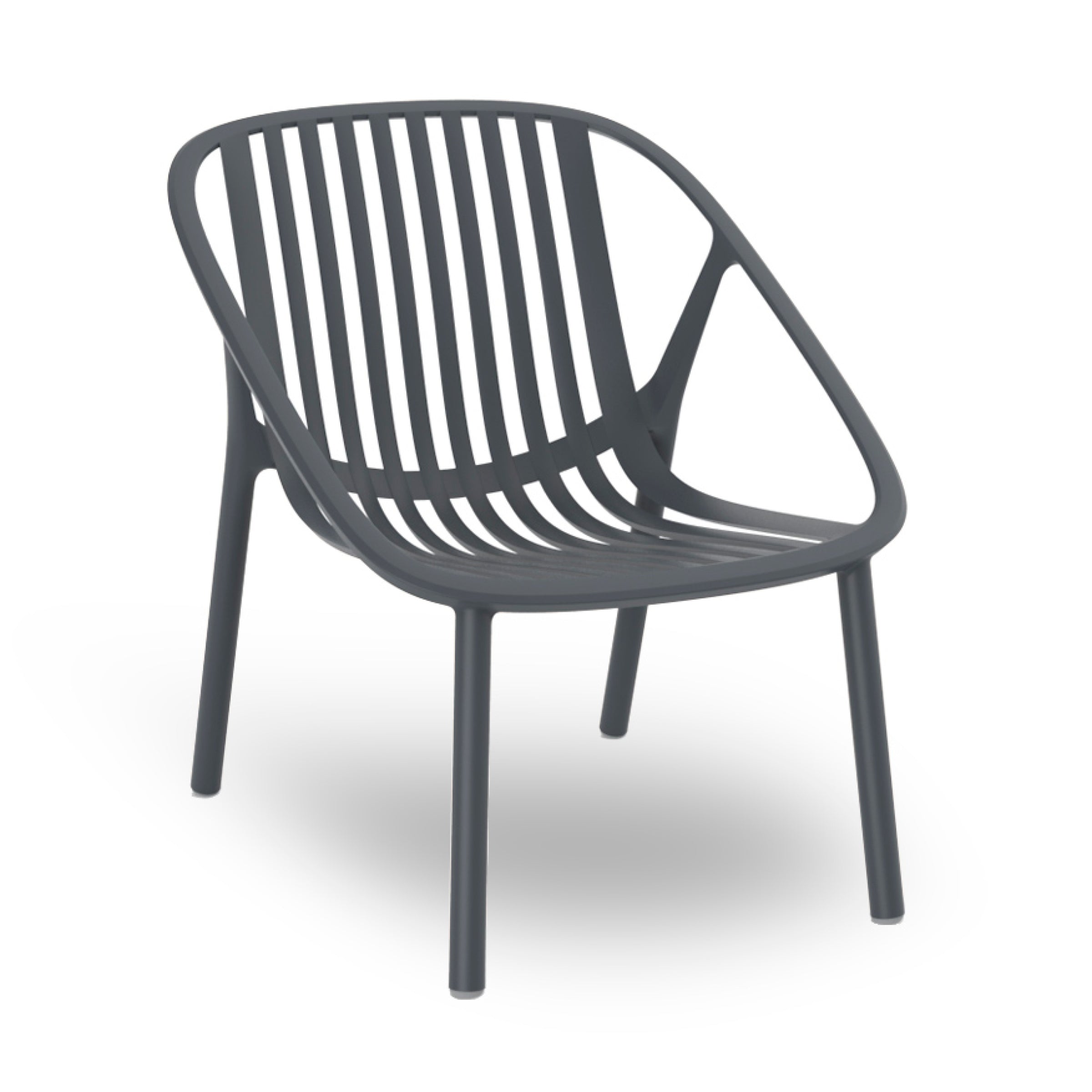 The Bini Armchair by Resol is a modern, dark gray chair with a minimalist design, featuring a slatted backrest and four legs. Crafted using sustainable production methods, it stands elegantly against a plain white background.