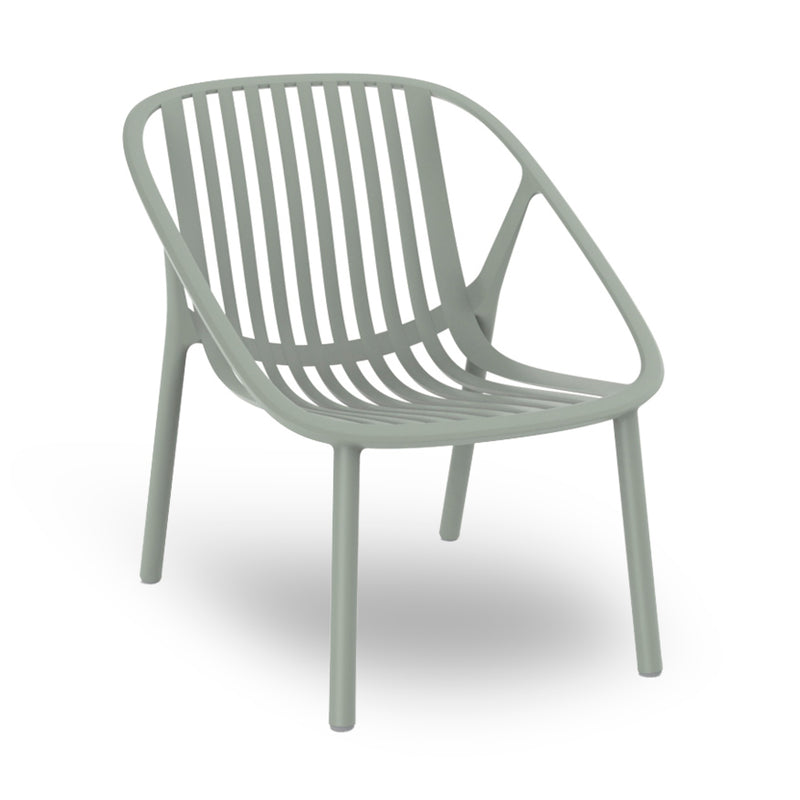 The Resol Bini Armchair is a sustainably crafted, modern light green chair featuring a slatted back and gently curved armrests. It has four sturdy legs and a sleek, minimalist design suitable for both indoor and outdoor use.