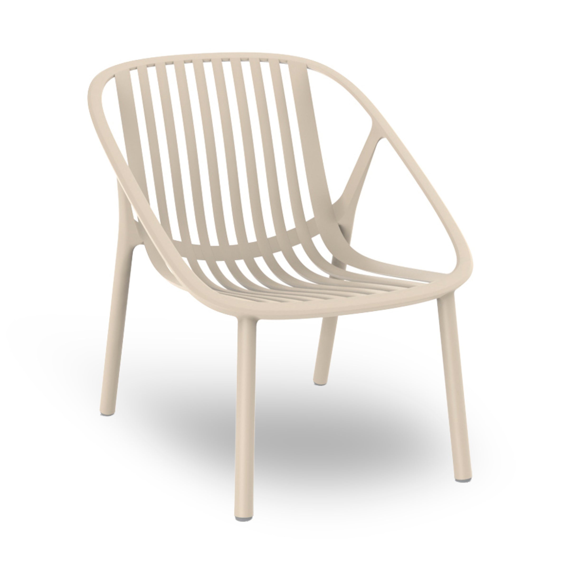 The Bini Armchair by Resol is a beige modern plastic chair featuring a slatted, curved back and seat with four straight legs. Crafted sustainably, this minimalist design offers UV protection for outdoor elegance and a sleek contemporary look.