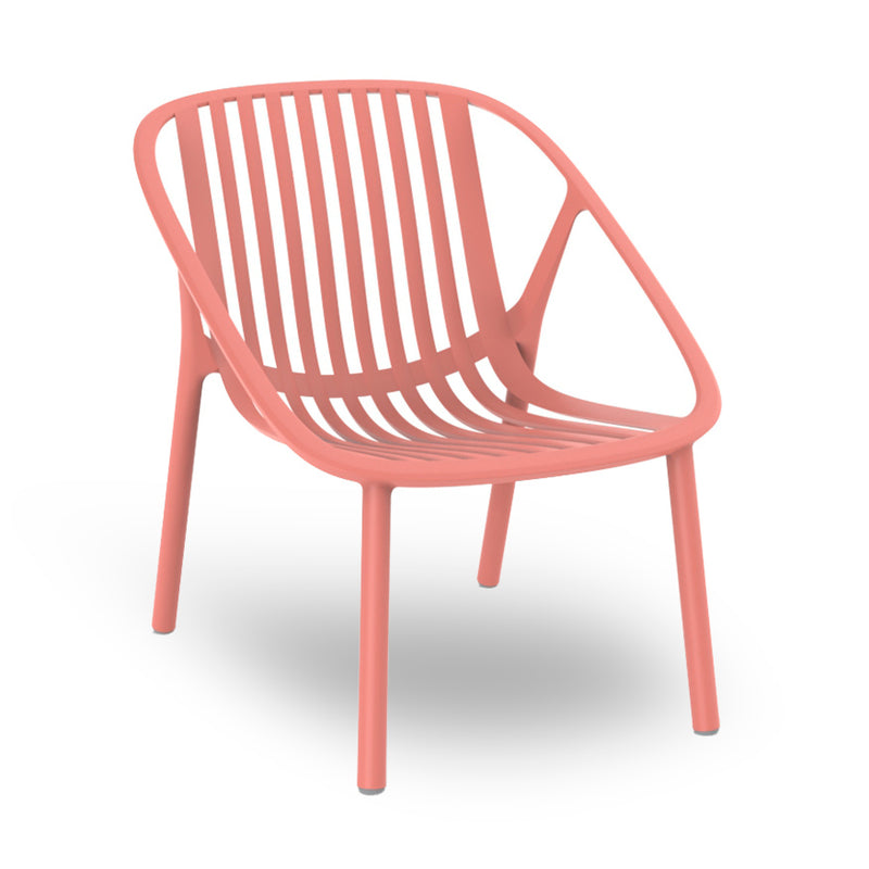 The Resol Bini Armchair is a modern coral-colored chair with a slatted design and UV protection, featuring a rounded backrest and slightly angled legs, set against a plain white background.