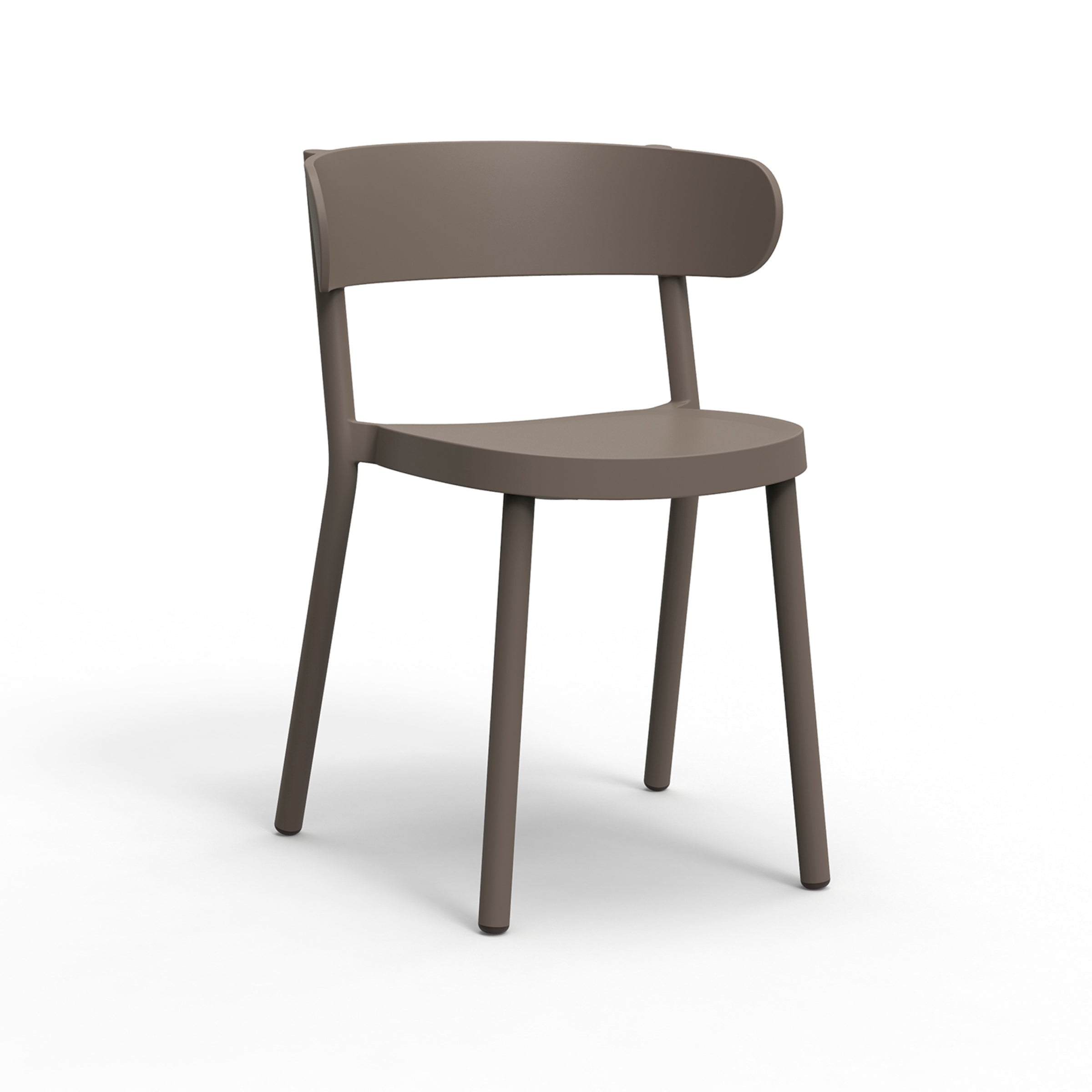 The Resol Casino Chair is a sustainable, minimalist piece featuring a rounded backrest and four straight legs, presented in taupe against a white backdrop.
