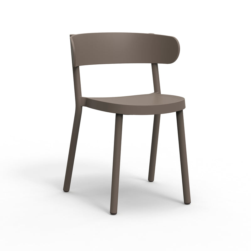The Resol Casino Chair is a sustainable, minimalist piece featuring a rounded backrest and four straight legs, presented in taupe against a white backdrop.