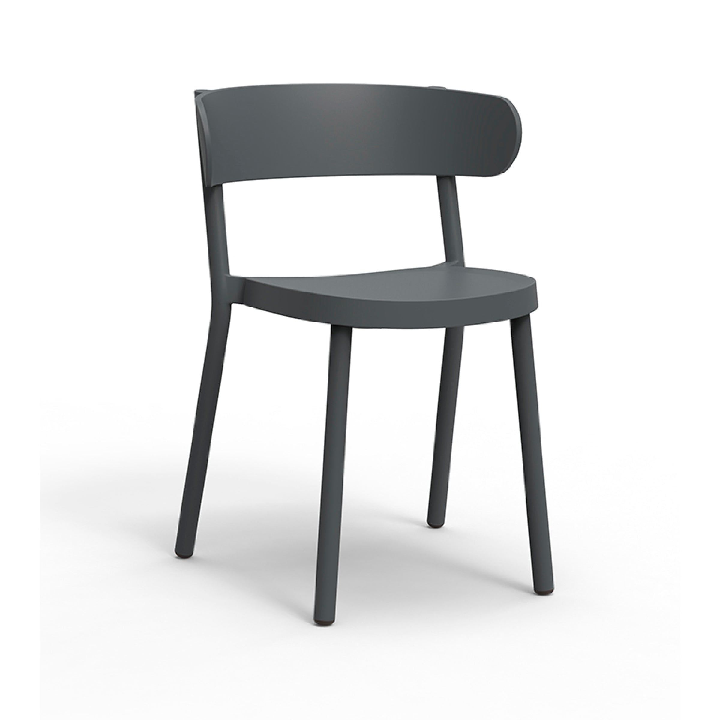 The Resol Casino Chair is a minimalist piece with a dark gray finish, rounded backrest, and four straight legs. Part of a sustainable collection, its sleek contemporary design stands elegantly against a white background.