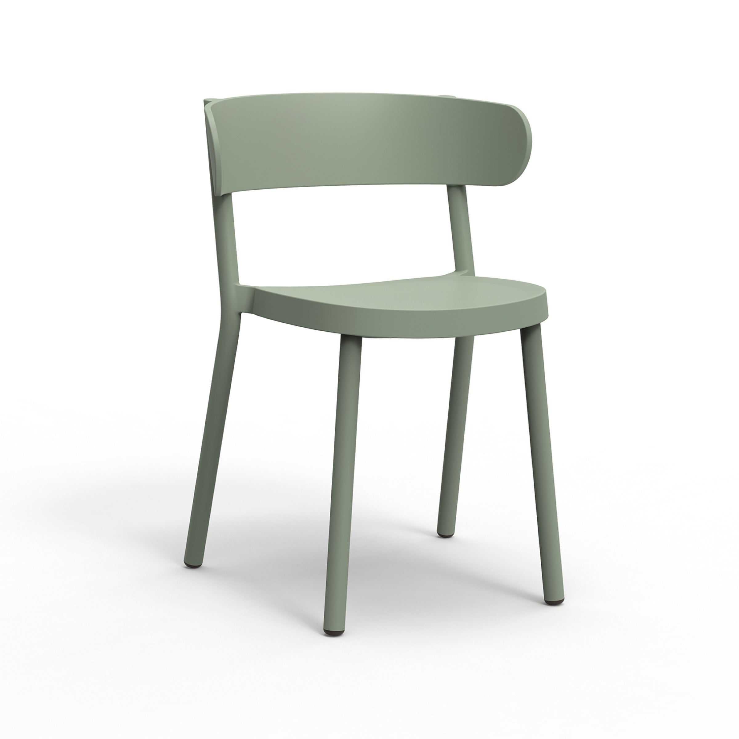 The Resol Casino Chair is a modern, minimalist piece in light green with a simple backrest and four legs, crafted from sustainable materials. Its sleek design complements diverse interiors effortlessly, offering both style and environmental responsibility against a plain white background.