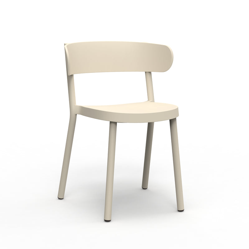 The Resol Casino Chair is a modern, minimalist piece with a beige finish, curved backrest, and four cylindrical legs crafted sustainably. It is set against a plain white background.