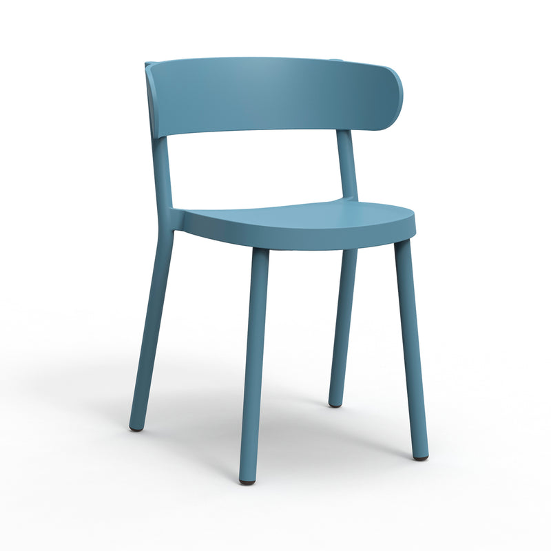The Resol Casino Chair features a modern, minimalist design with a blue hue, curved backrest, and four straight legs. It is crafted from sustainable materials and displayed against a plain white background.