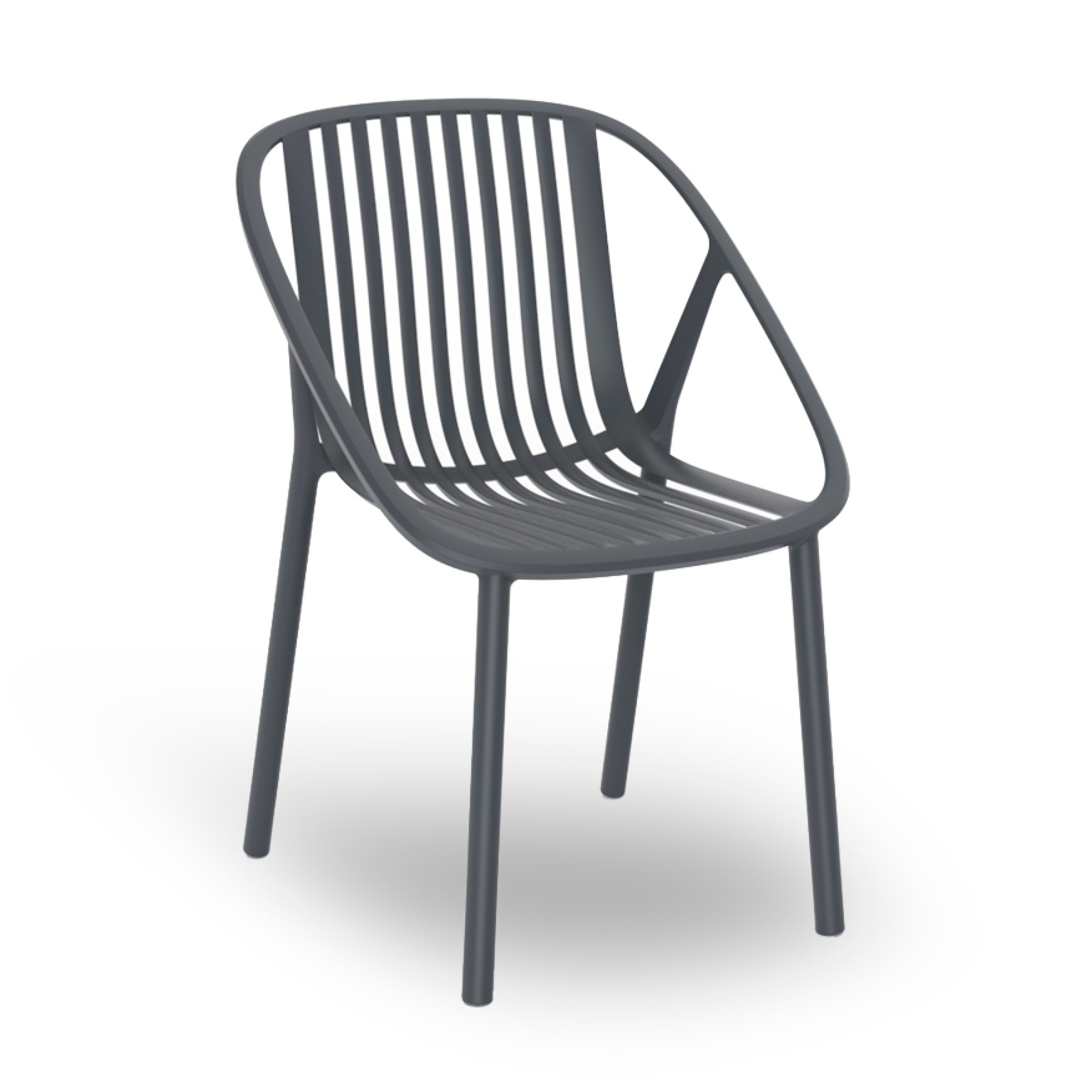 The Bini Chair by Resol is a modern, sustainably crafted piece with a sleek design featuring black metal, a curved backrest with vertical slats, and four straight legs.