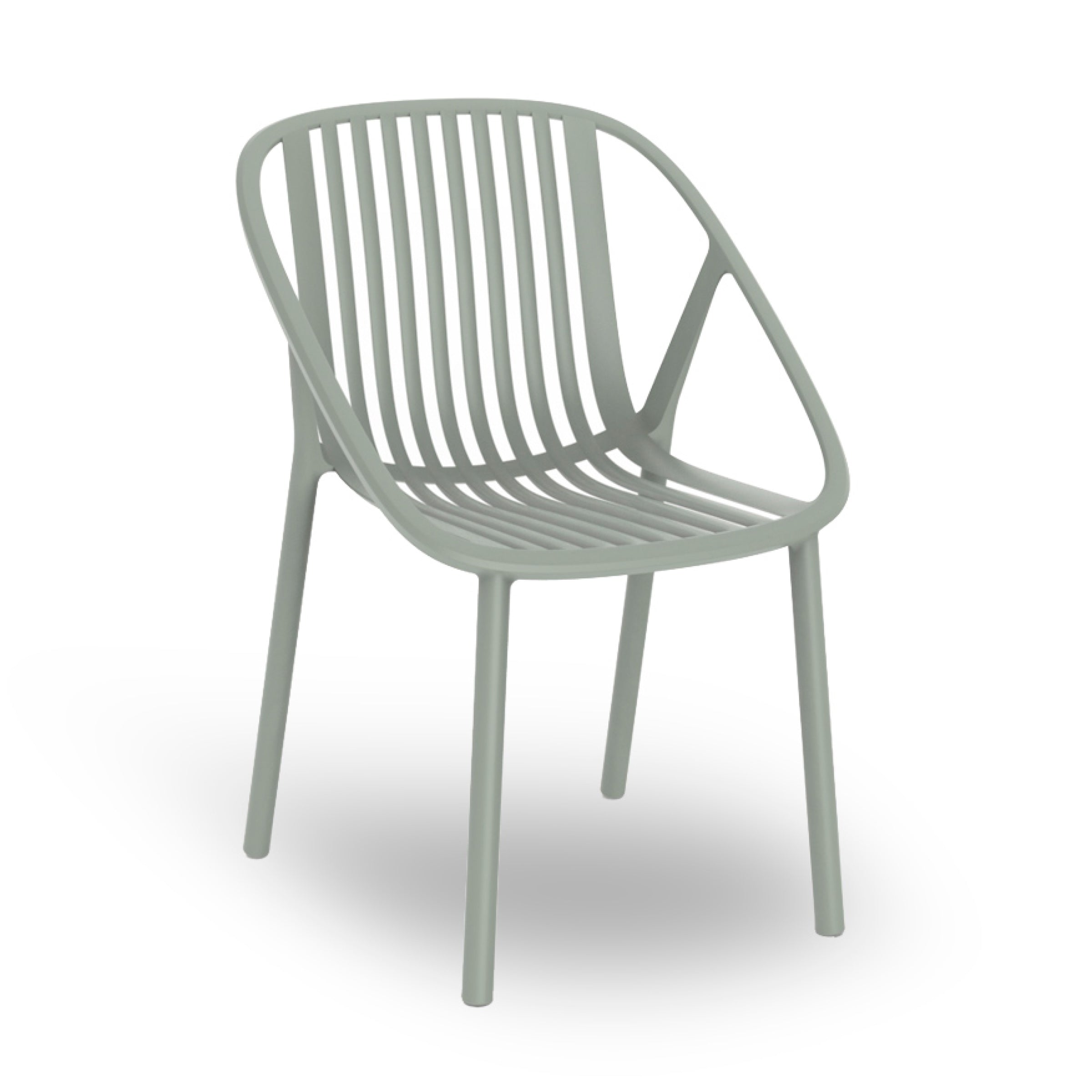 The Bini Chair by Resol is a modern, light green chair with a slatted back and seat, curved armrests, and four tapered legs. Made sustainably with UV protection, it boasts a sleek, minimalist look suitable for indoor and outdoor use.
