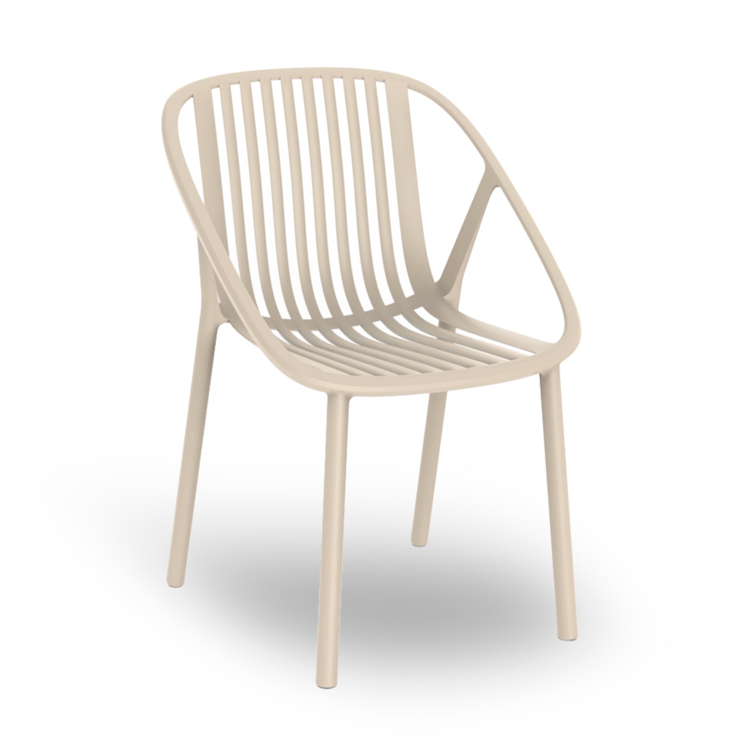The Bini Chair by Resol is a modern beige plastic chair with UV protection, featuring a slatted back and seat design. It has smooth, slightly angled legs and open armrests, embodying innovative furniture solutions with a sleek, minimalist look.