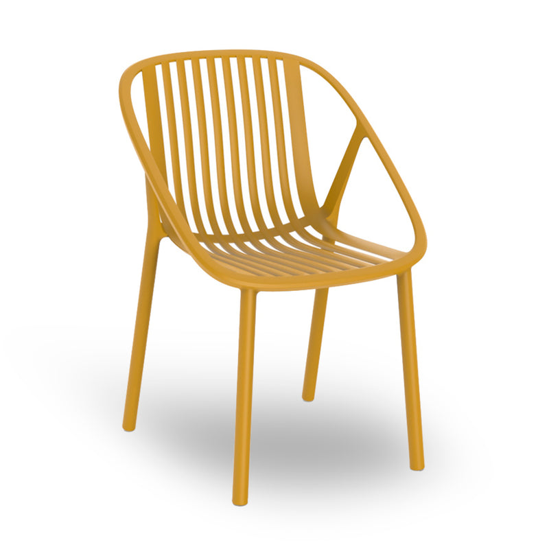 The Bini Chair by Resol is a yellow modern chair with a curved backrest and vertical slats, crafted from UV-protected plastic. Its minimalistic, sleek design features four legs, showcasing innovative furniture solutions against a white background.