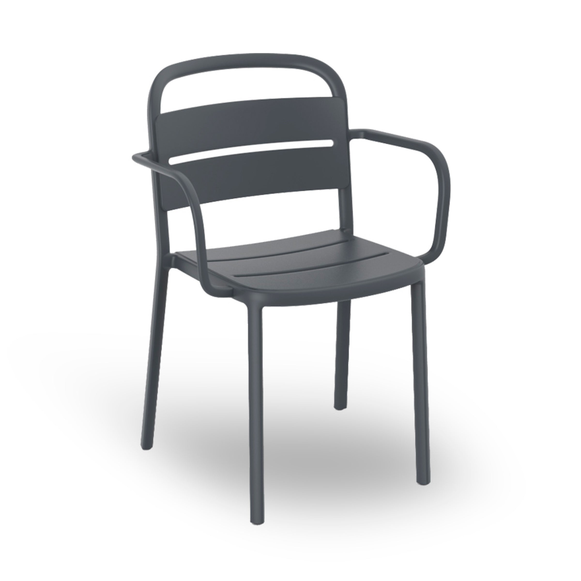 The Resol Como Armchair offers an innovative furniture solution with its modern, dark gray design featuring a curved backrest and armrests. Its minimalist aesthetic includes horizontal slats on the backrest, a slightly contoured seat, and four slender legs, all embodying sustainable production practices.
