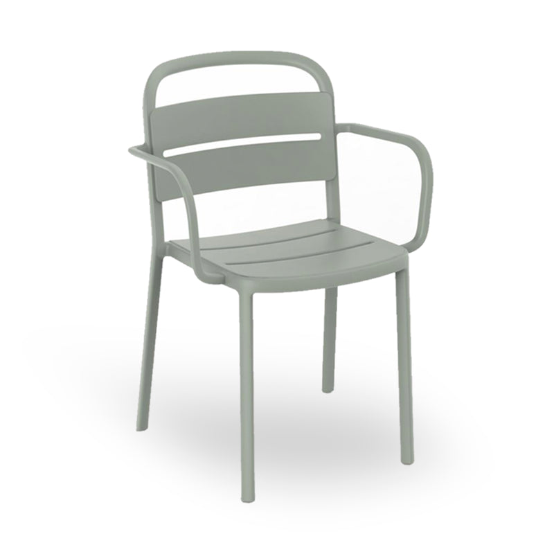 The Como Armchair by Resol is a modern, minimalist chair in light green with a curved backrest, horizontal slats, and armrests. It features four straight legs with a smooth, matte finish and is crafted using sustainable production practices against a plain white background.
